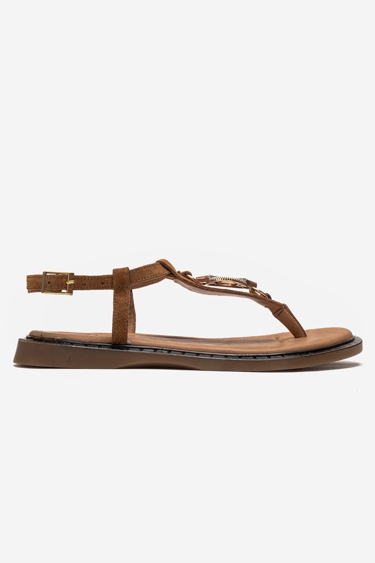 TIANA - Cognac Genuine Leather Buckled Toe-Post Sandal – heel view showing leather, SimmiUnique