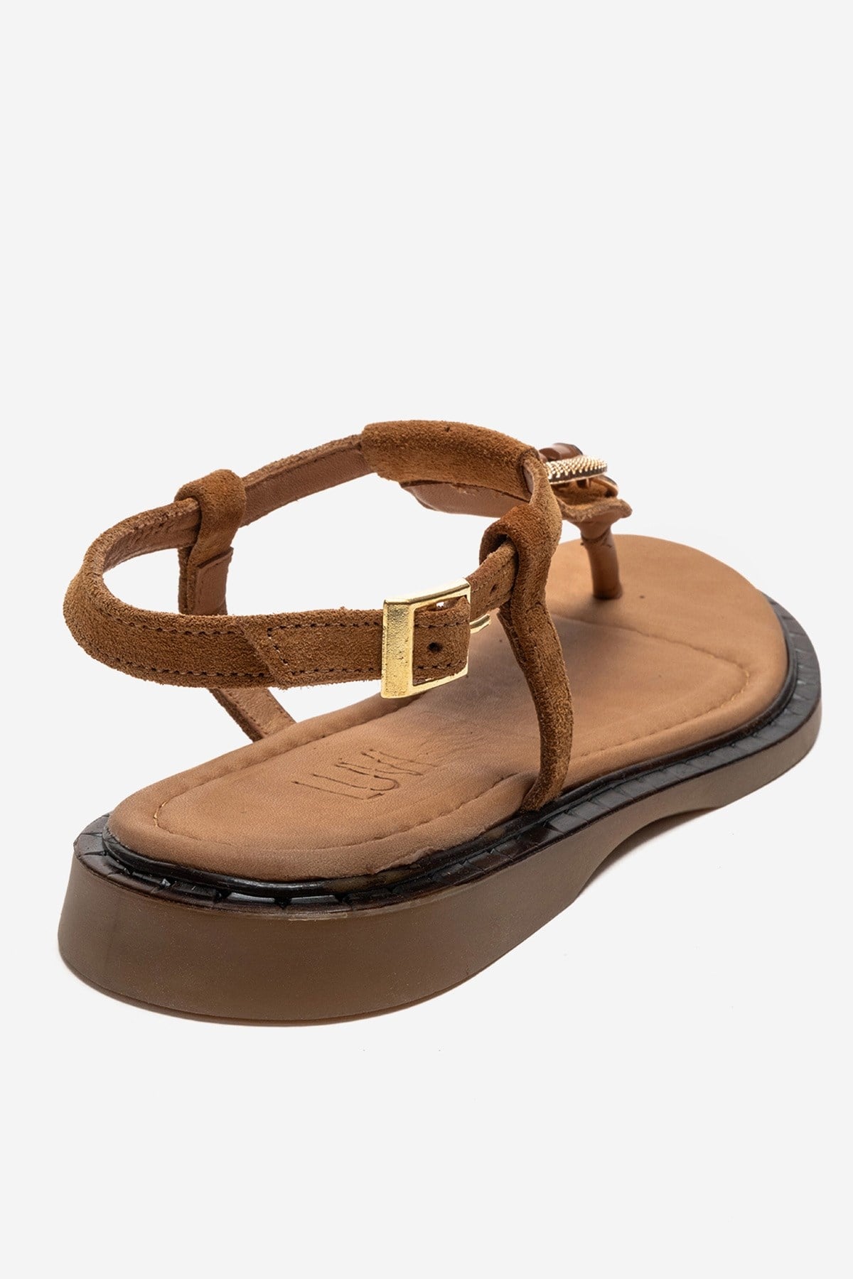 TIANA - Cognac Genuine Leather Buckled Toe-Post Sandal – back view showing leather, SimmiUnique