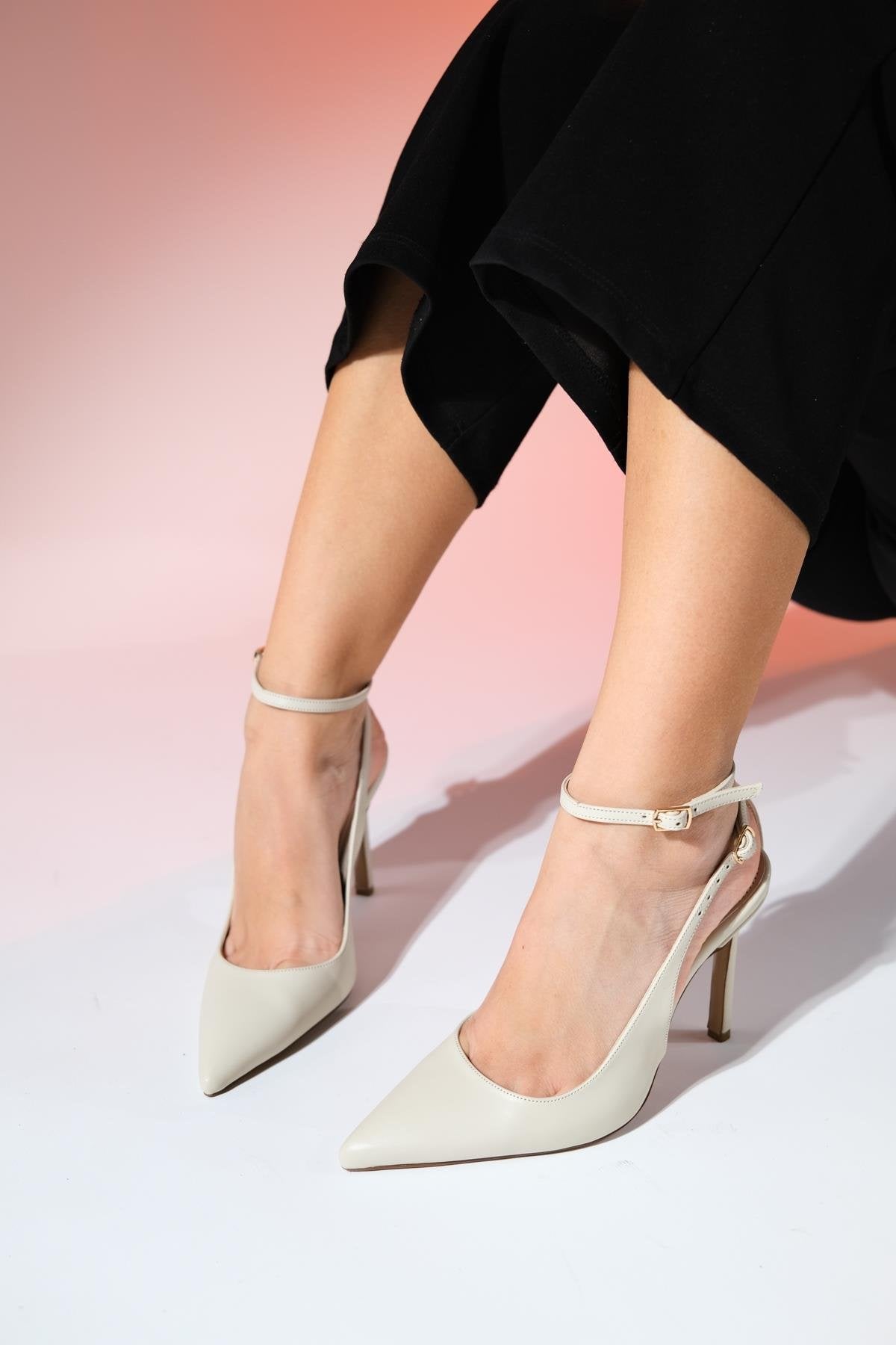 Ubuntu - Ecru Pointed Toe High Heel Pump – side view showing leather, SimmiUnique