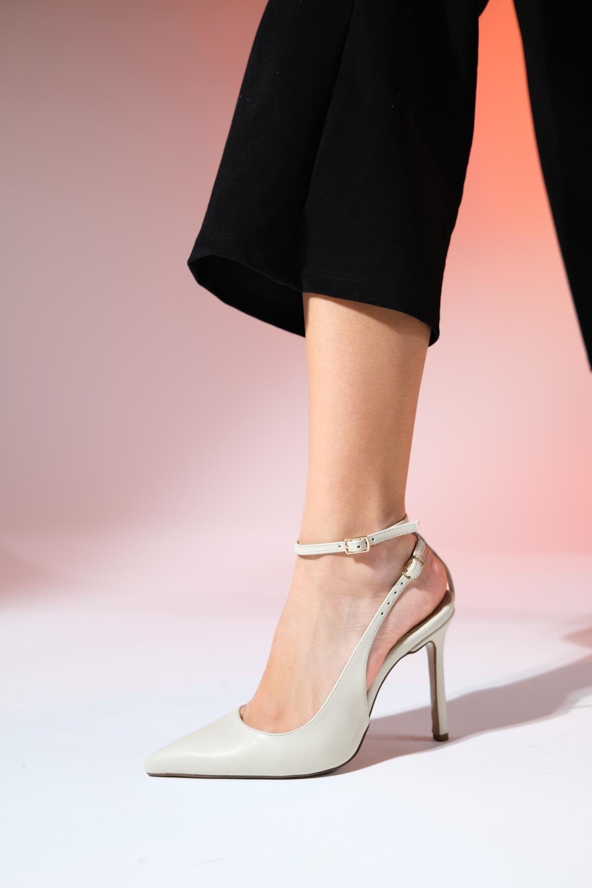 Ubuntu - Ecru Pointed Toe High Heel Pump – detail view showing leather, SimmiUnique