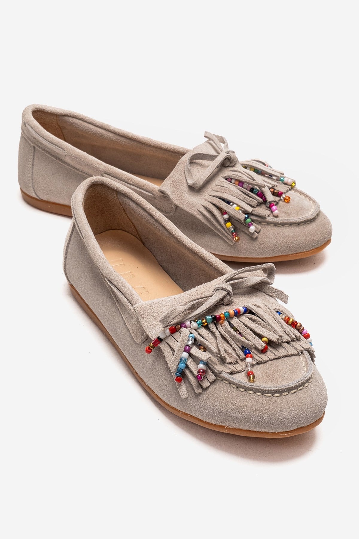 EVELYN - Beige Genuine Suede Leather Loafer – front three-quarter view showing leather, suede, SimmiUnique