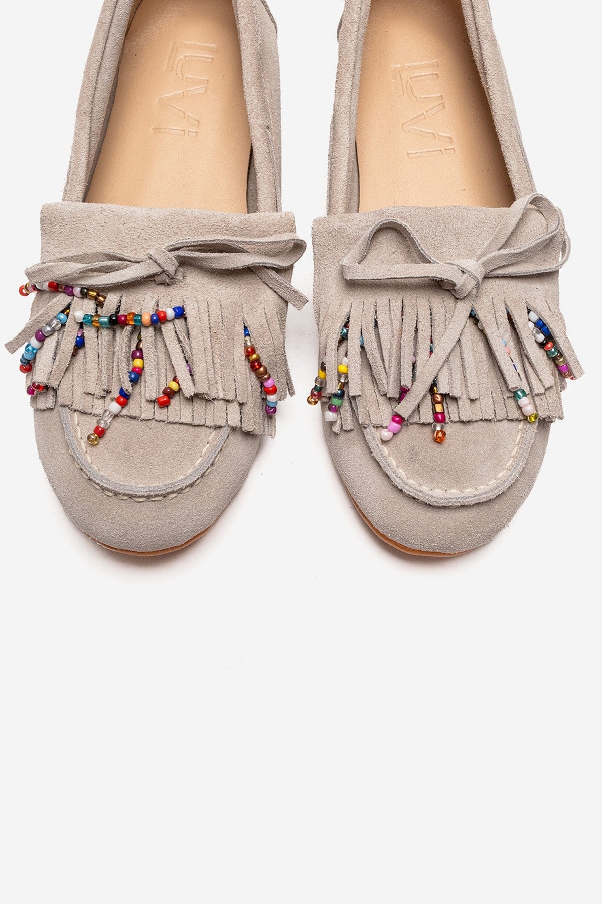 EVELYN - Beige Genuine Suede Leather Loafer – side view showing leather, suede, SimmiUnique