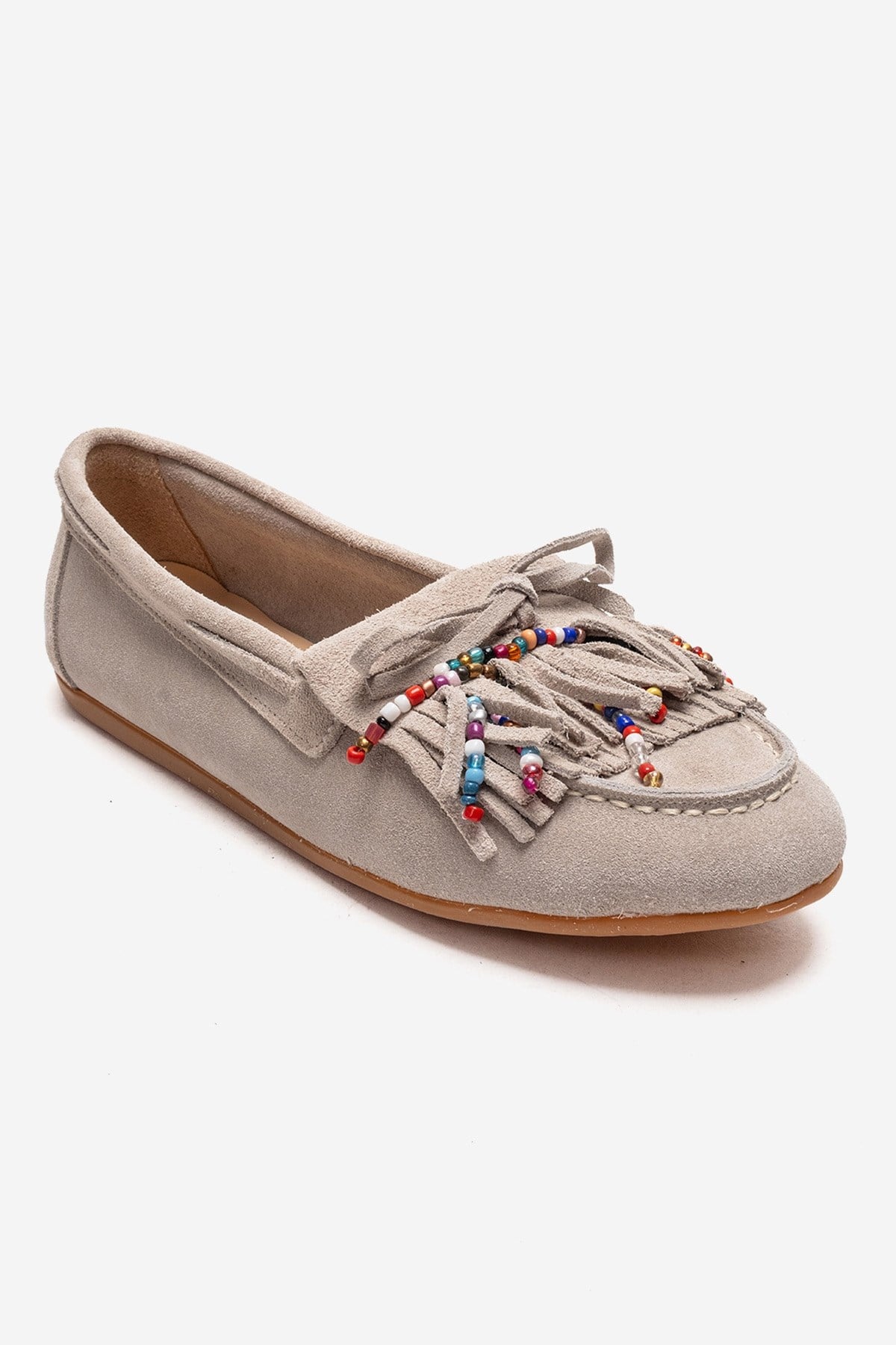 EVELYN - Beige Genuine Suede Leather Loafer – detail view showing leather, suede, SimmiUnique