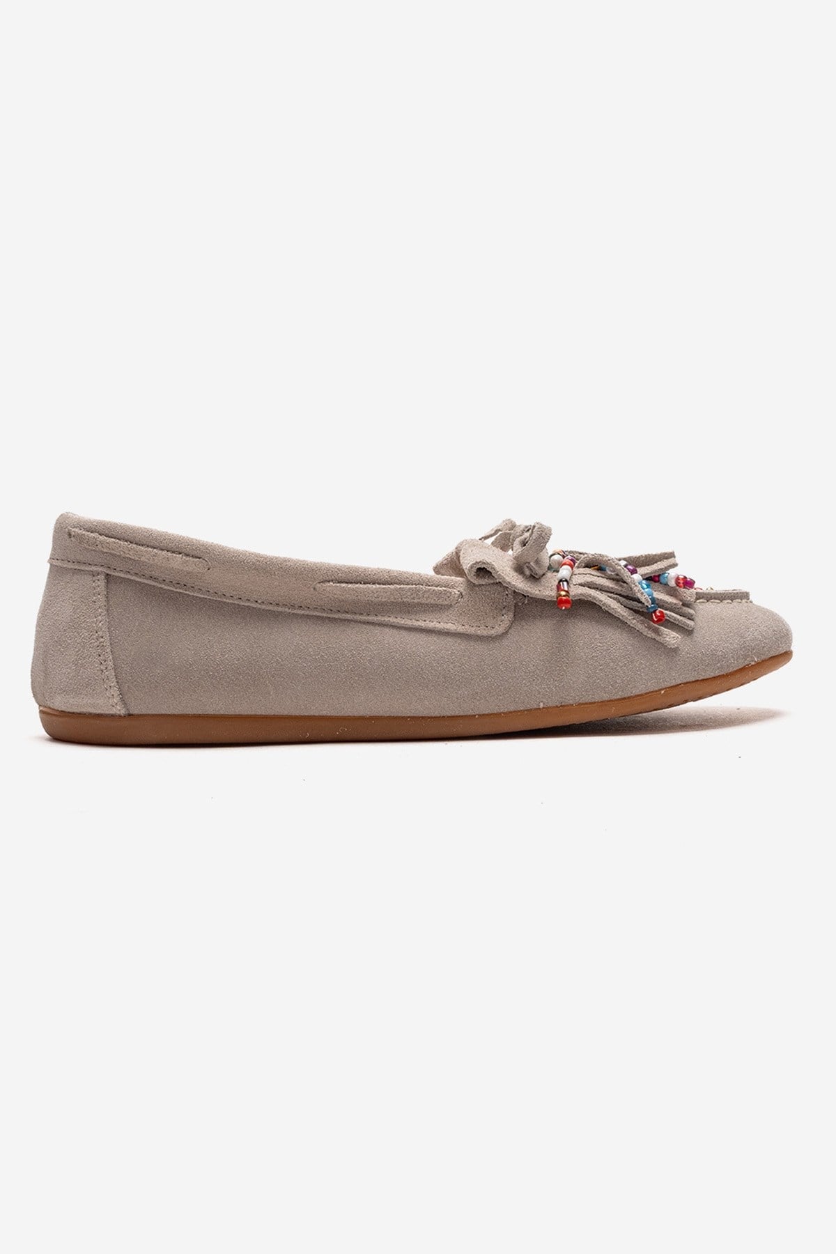 EVELYN - Beige Genuine Suede Leather Loafer – heel view showing leather, suede, SimmiUnique