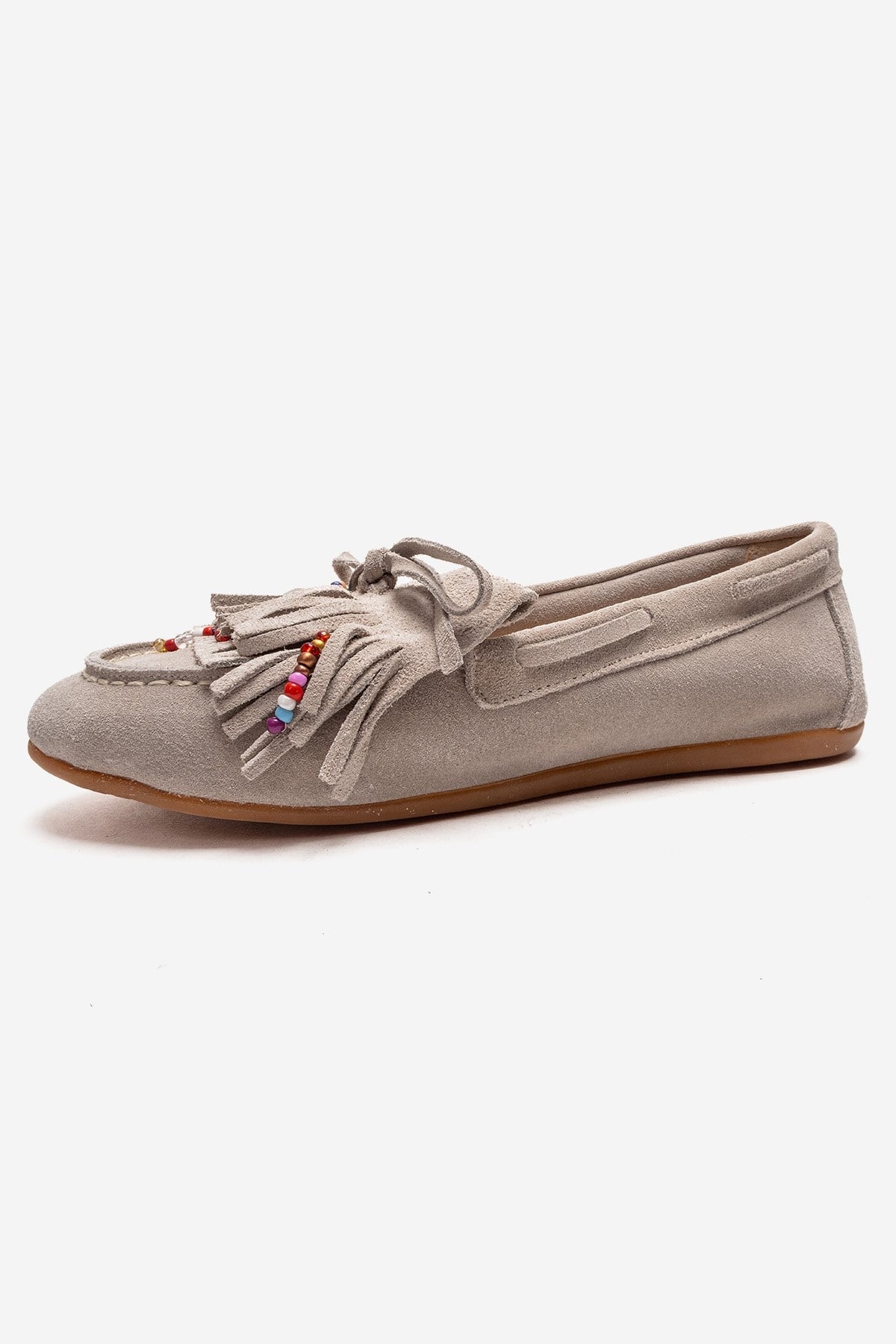 EVELYN - Beige Genuine Suede Leather Loafer – top view showing leather, suede, SimmiUnique