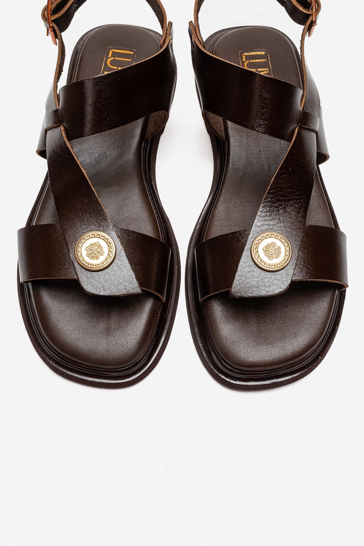 QUELLA - Brown Genuine Leather Buckle Sandal – side view showing leather, SimmiUnique