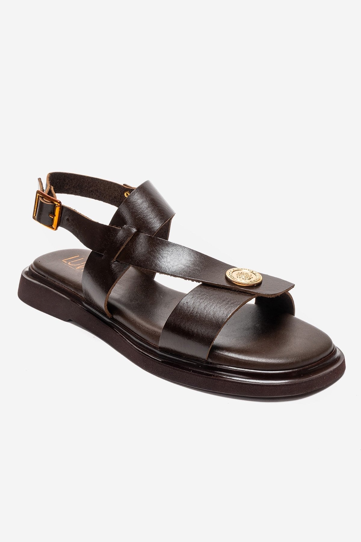 QUELLA - Brown Genuine Leather Buckle Sandal – detail view showing leather, SimmiUnique
