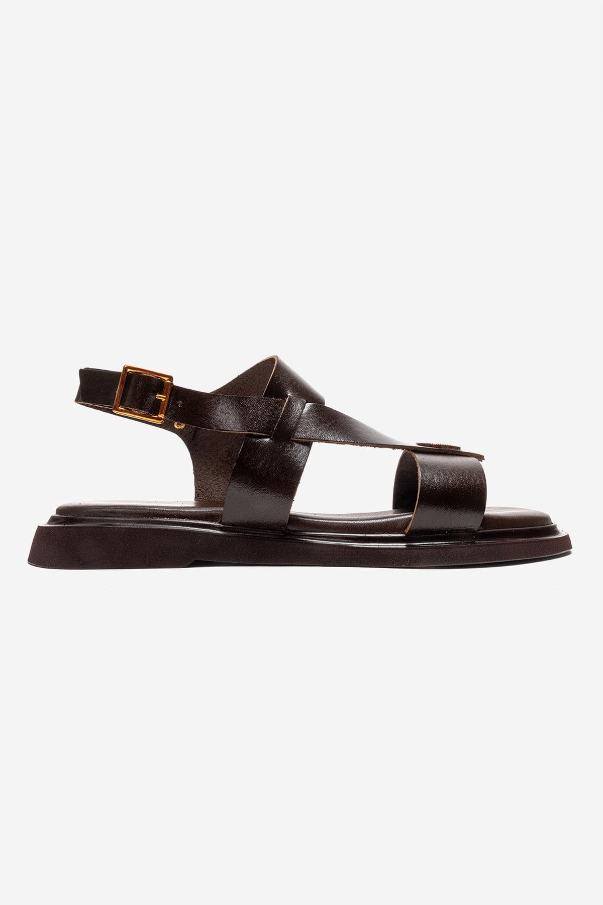 QUELLA - Brown Genuine Leather Buckle Sandal – heel view showing leather, SimmiUnique