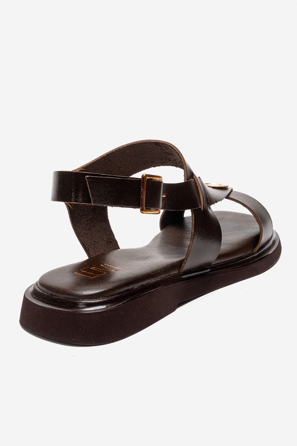 QUELLA - Brown Genuine Leather Buckle Sandal – back view showing leather, SimmiUnique
