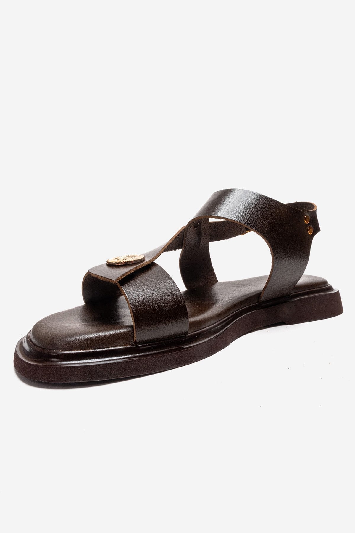 QUELLA - Brown Genuine Leather Buckle Sandal – top view showing leather, SimmiUnique