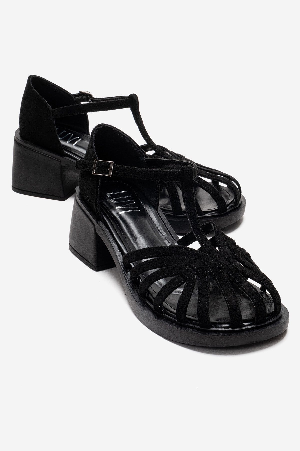 Nolana - Black Block Heel Sandal – front three-quarter view showing leather, suede, black, SimmiUnique