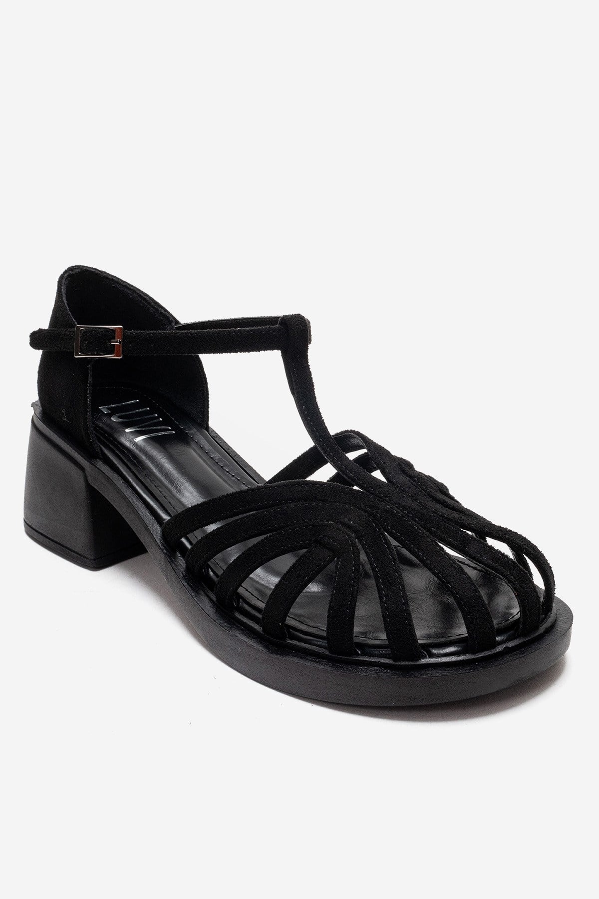 Nolana - Black Block Heel Sandal – detail view showing leather, suede, black, SimmiUnique
