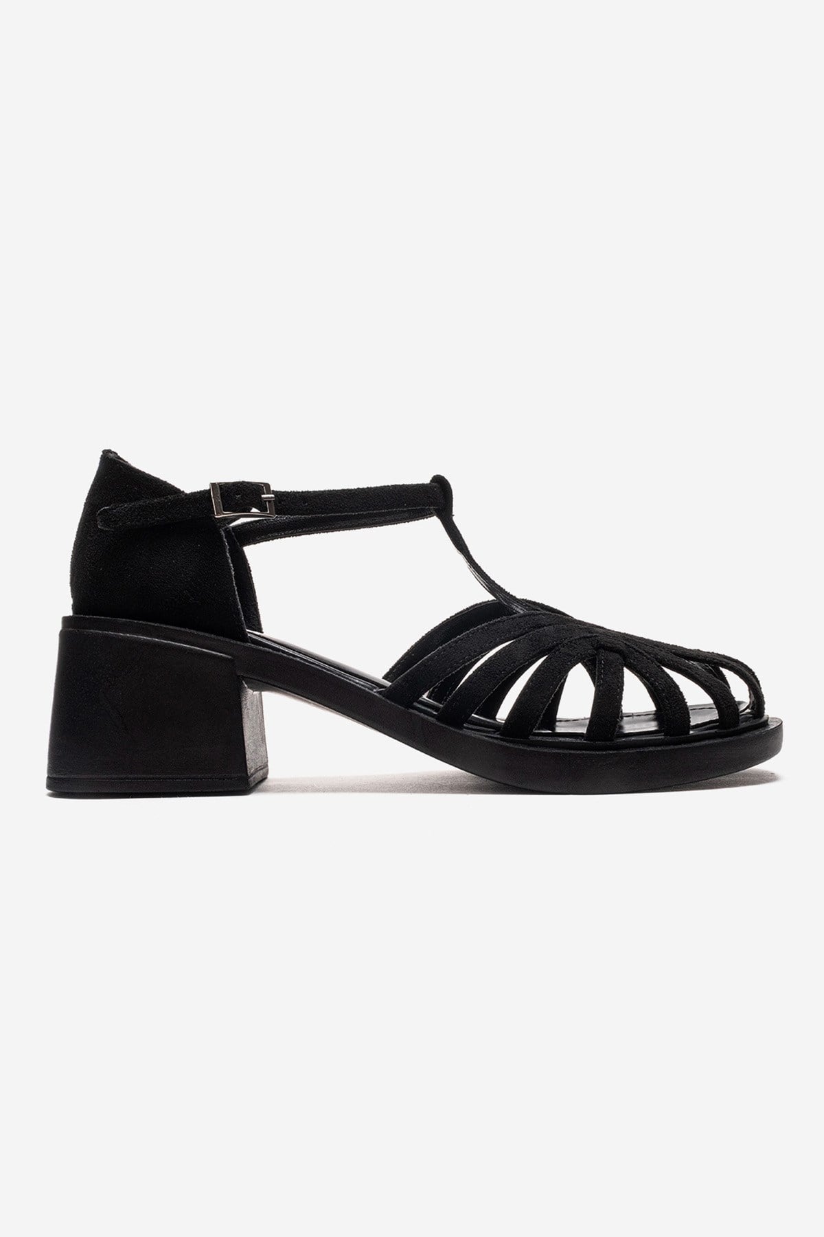 Nolana - Black Block Heel Sandal – heel view showing leather, suede, black, SimmiUnique