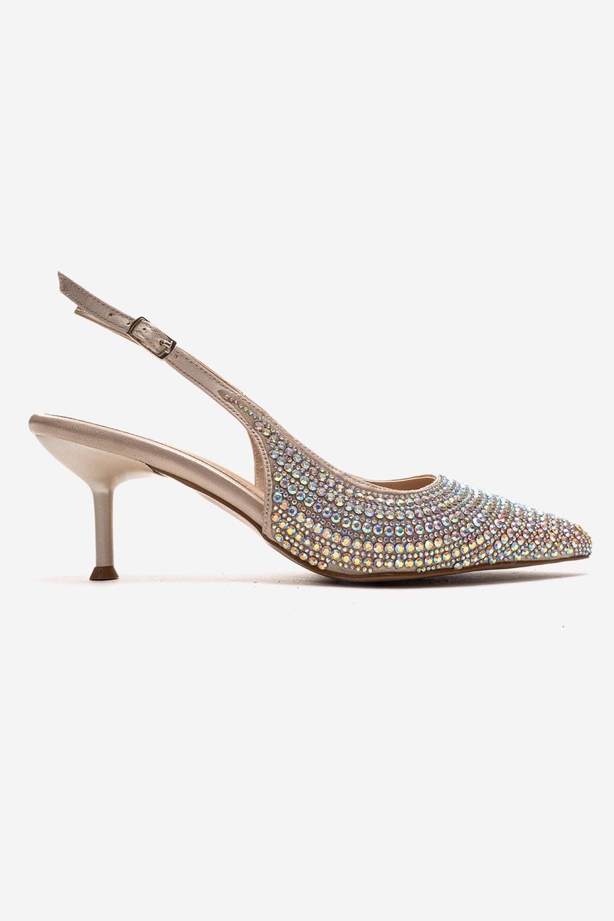Yasmina - Nude Stone Embellished Stiletto Pump – heel view showing leather, nude, SimmiUnique
