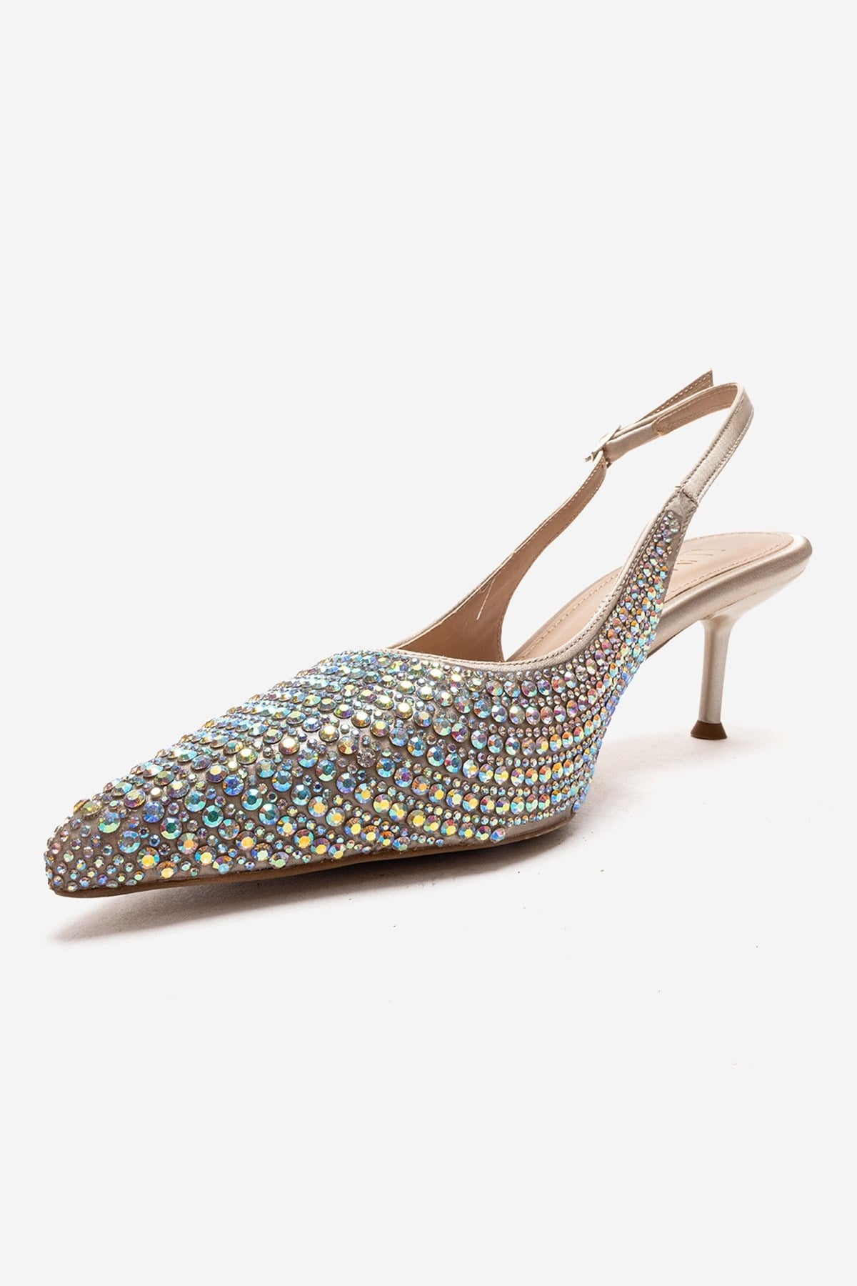 Yasmina - Nude Stone Embellished Stiletto Pump – top view showing leather, nude, SimmiUnique