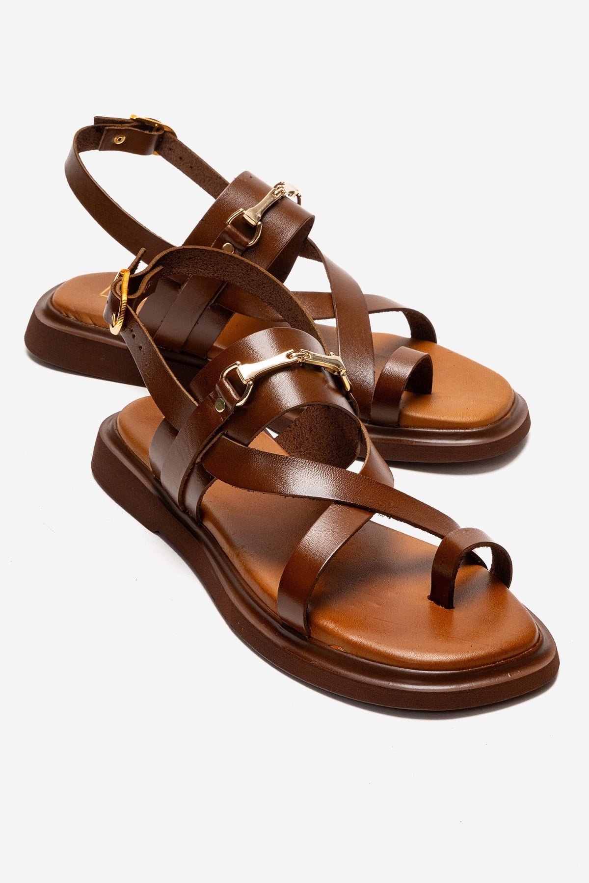 FABIANA - Camel Genuine Leather Toe-Post Sandal – front three-quarter view showing leather, gold, SimmiUnique