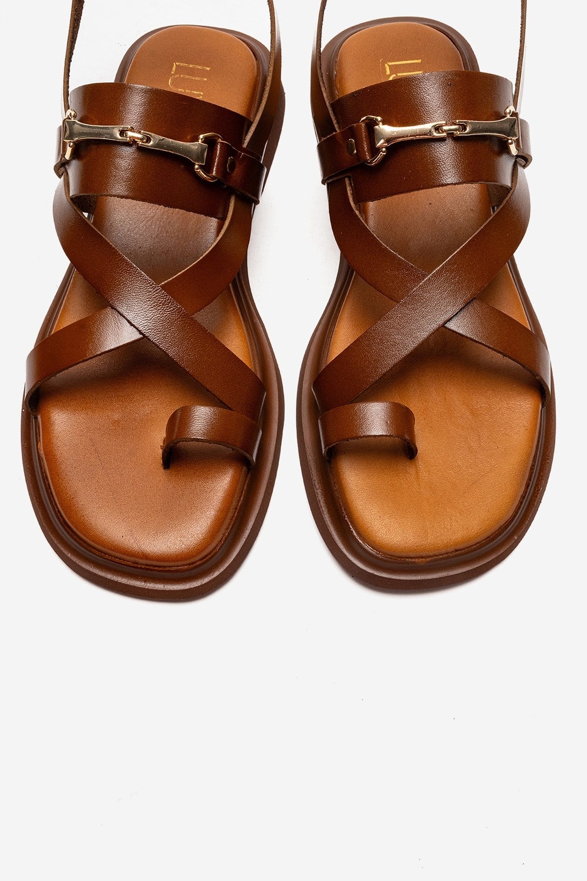 FABIANA - Camel Genuine Leather Toe-Post Sandal – side view showing leather, gold, SimmiUnique