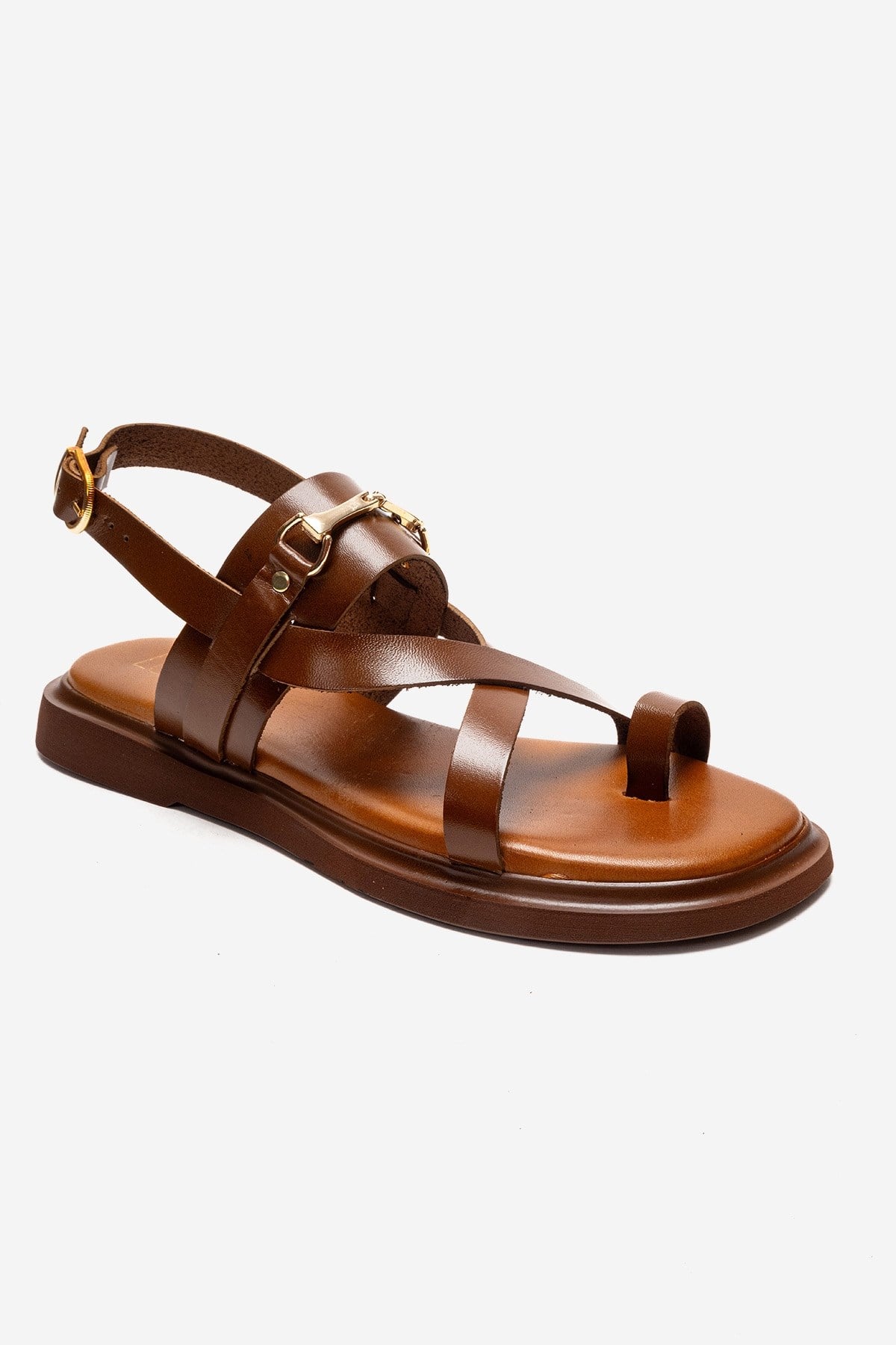 FABIANA - Camel Genuine Leather Toe-Post Sandal – detail view showing leather, gold, SimmiUnique