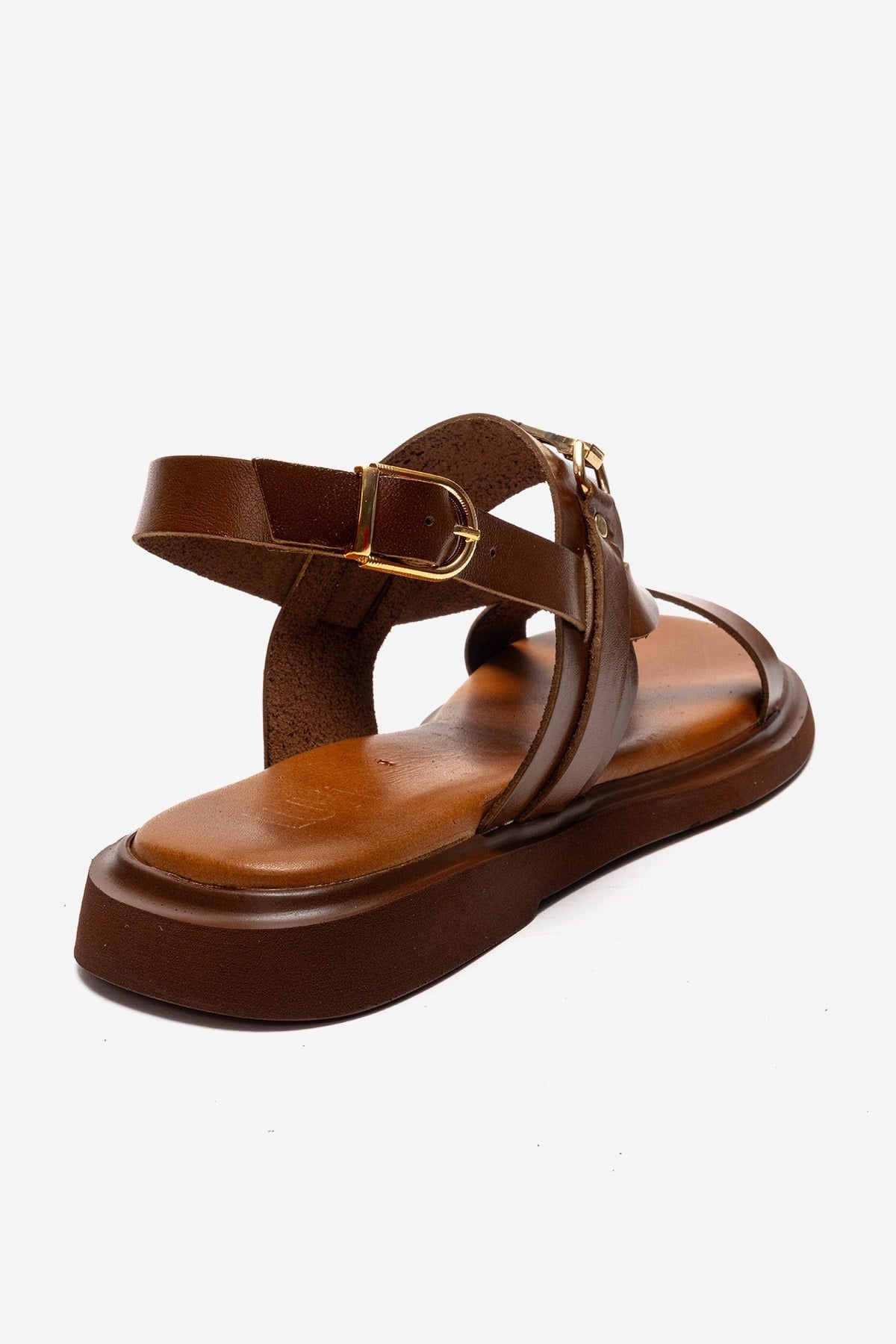 FABIANA - Camel Genuine Leather Toe-Post Sandal – back view showing leather, gold, SimmiUnique