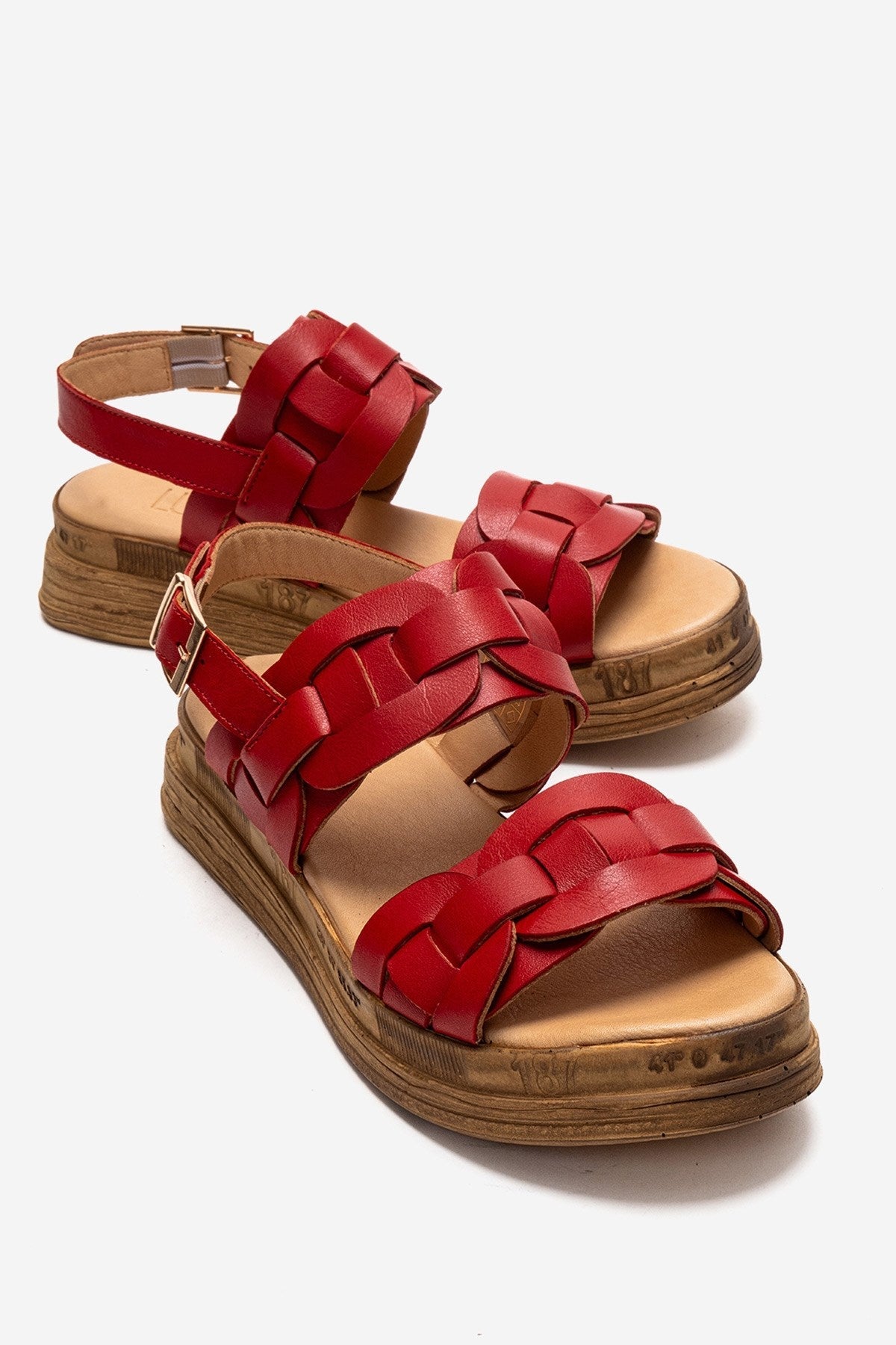 ELVORO - Red Genuine Leather Sandal – front three-quarter view showing leather, red, SimmiUnique