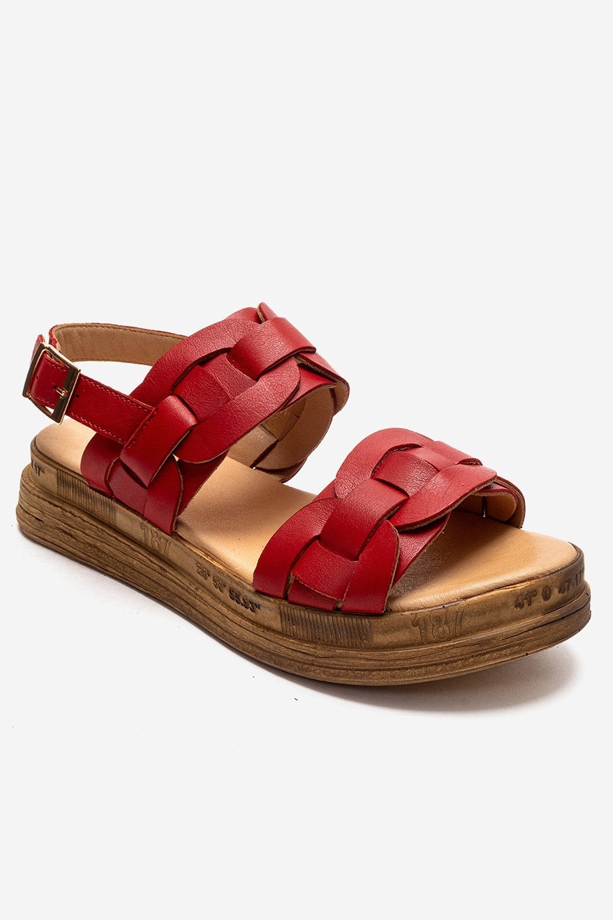 ELVORO - Red Genuine Leather Sandal – detail view showing leather, red, SimmiUnique