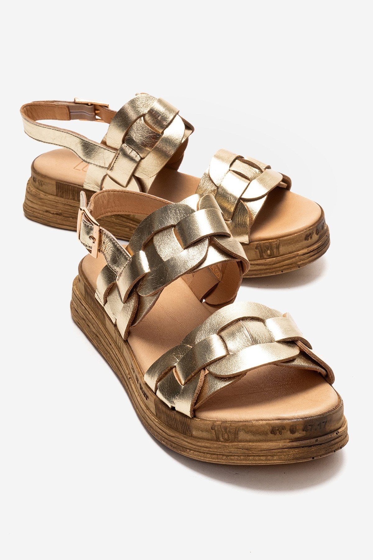 ELVORO - Gold Genuine Leather Sandal – front three-quarter view showing leather, metallic, gold, SimmiUnique