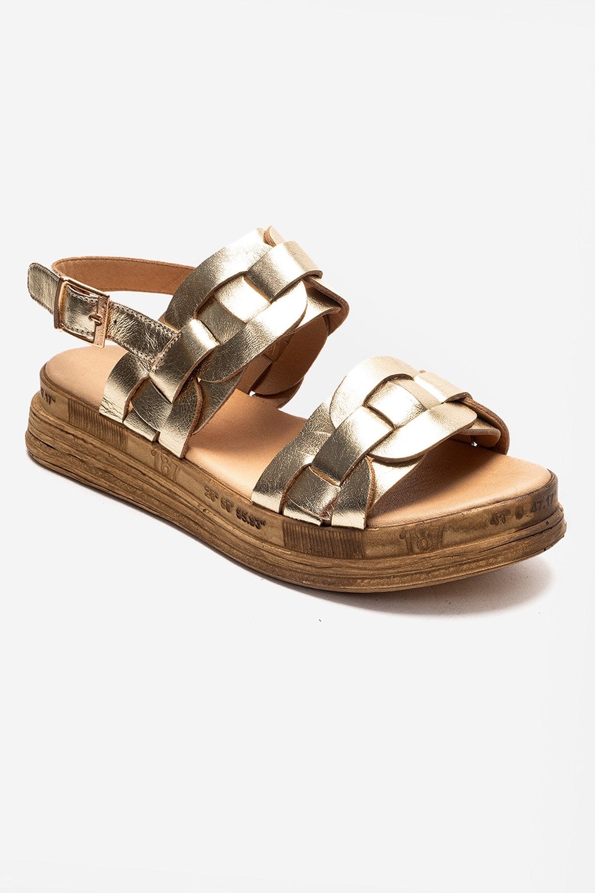ELVORO - Gold Genuine Leather Sandal – detail view showing leather, metallic, gold, SimmiUnique