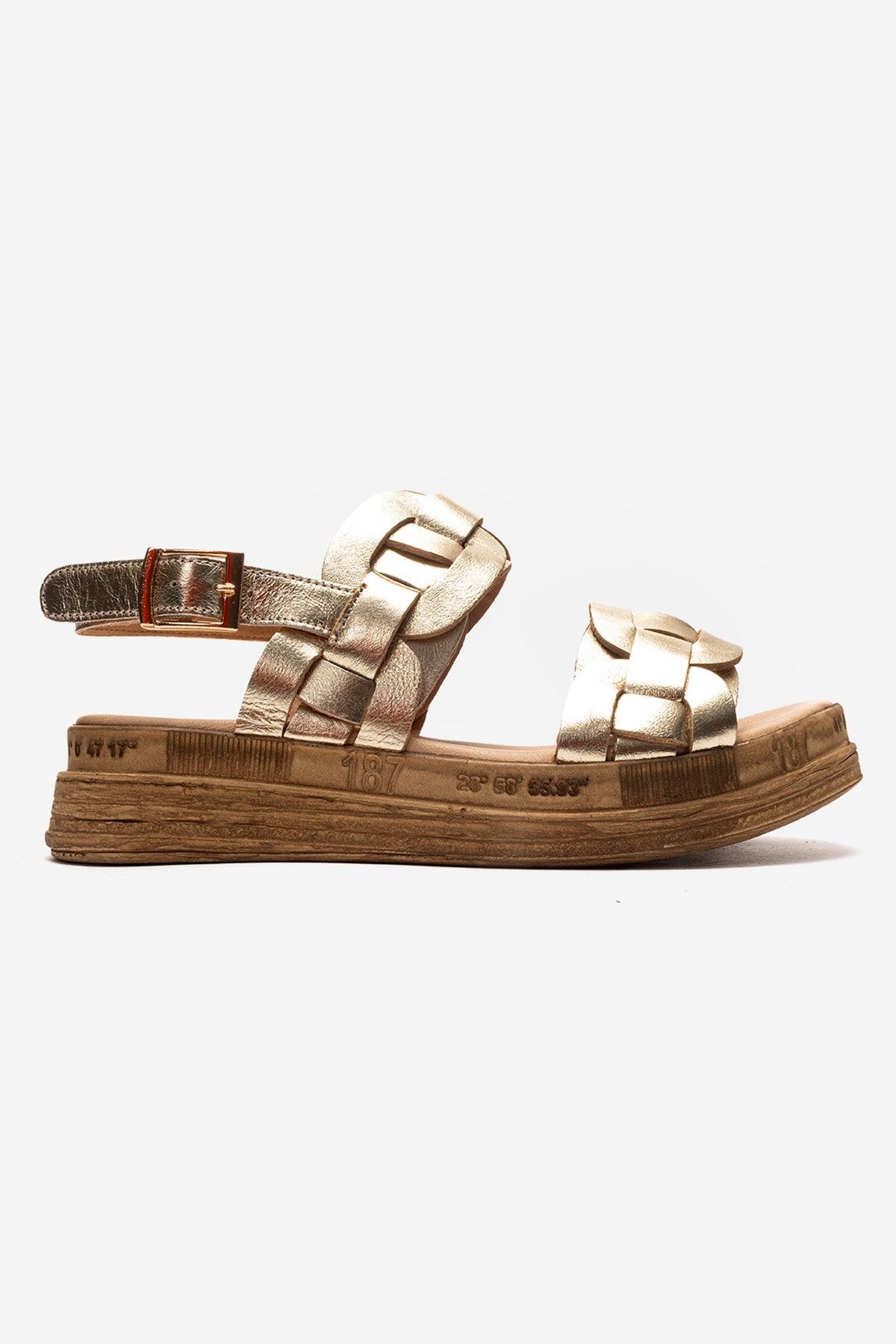 ELVORO - Gold Genuine Leather Sandal – heel view showing leather, metallic, gold, SimmiUnique