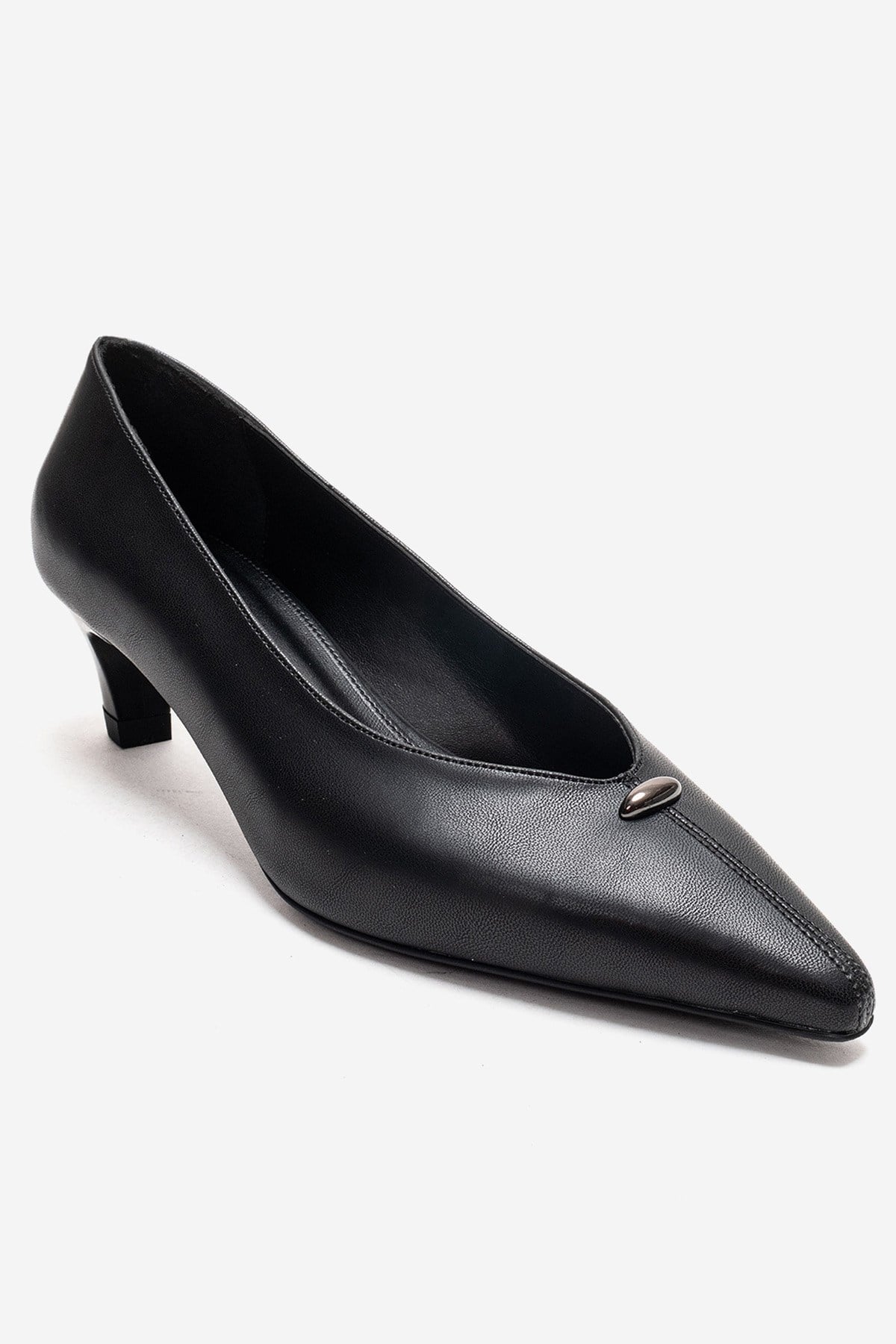 VERSAY - Black Pointed Toe Kitten Heel Pump – detail view showing leather, black, SimmiUnique