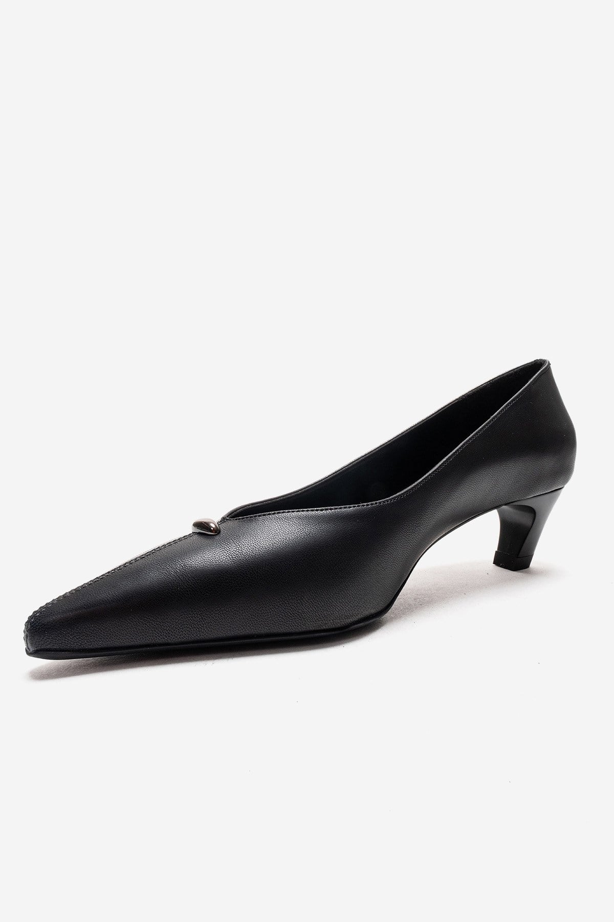 VERSAY - Black Pointed Toe Kitten Heel Pump – top view showing leather, black, SimmiUnique