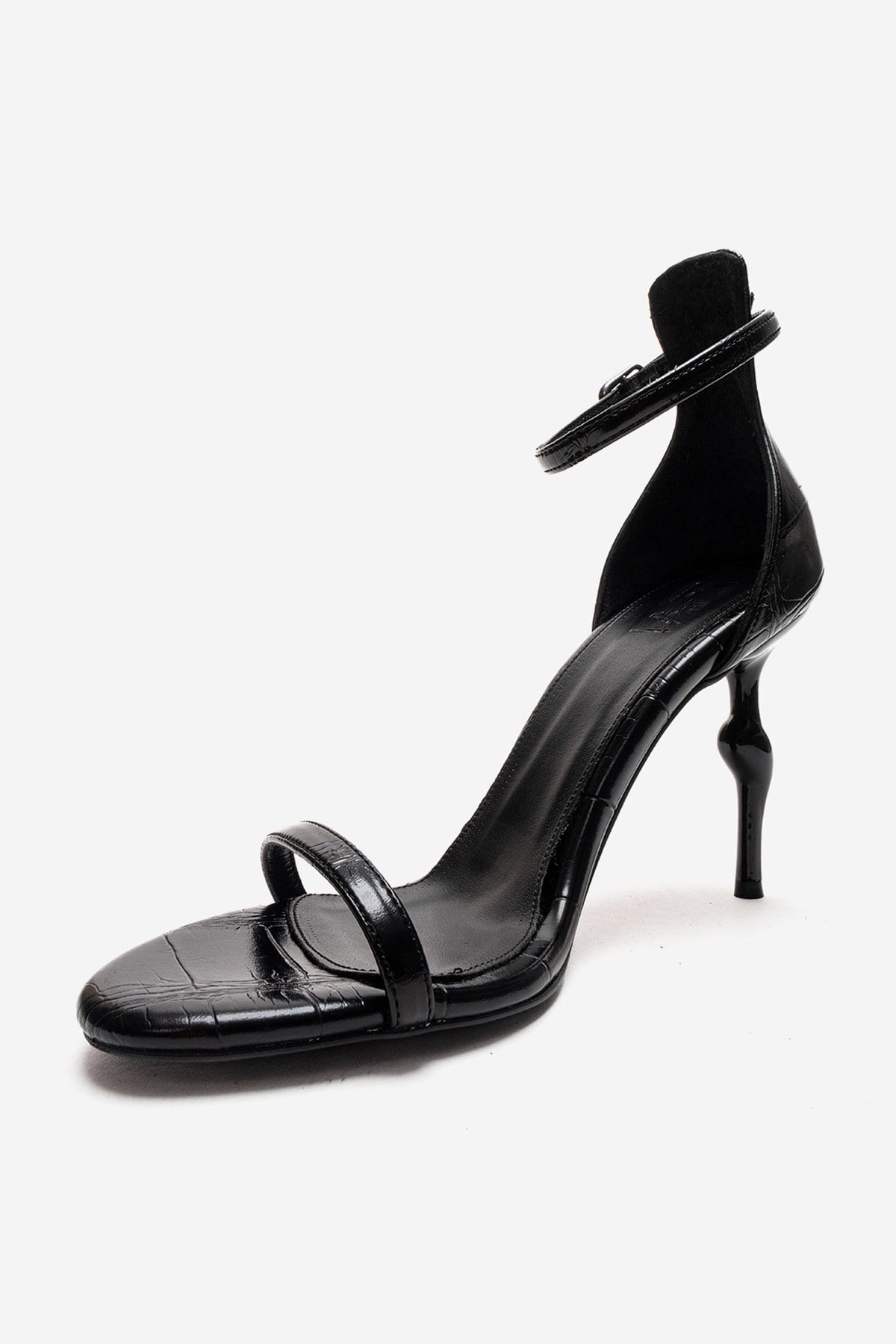 Yelena - Black Patent Thin Strap Stiletto Pump – top view showing leather, black, SimmiUnique