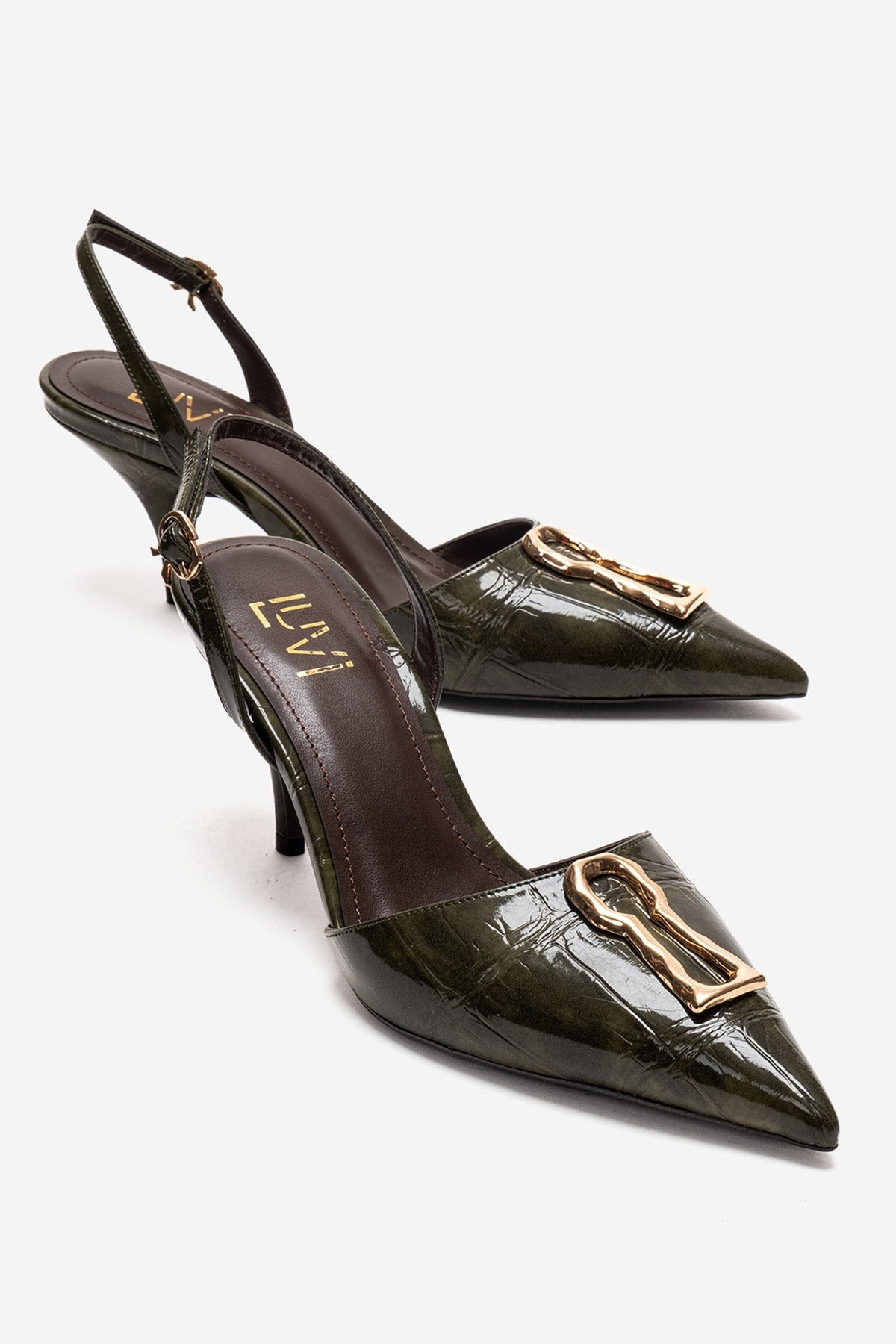 Yvella - Green Patent Buckle Pointed Toe Stiletto Pump – front three-quarter view showing leather, green, SimmiUnique