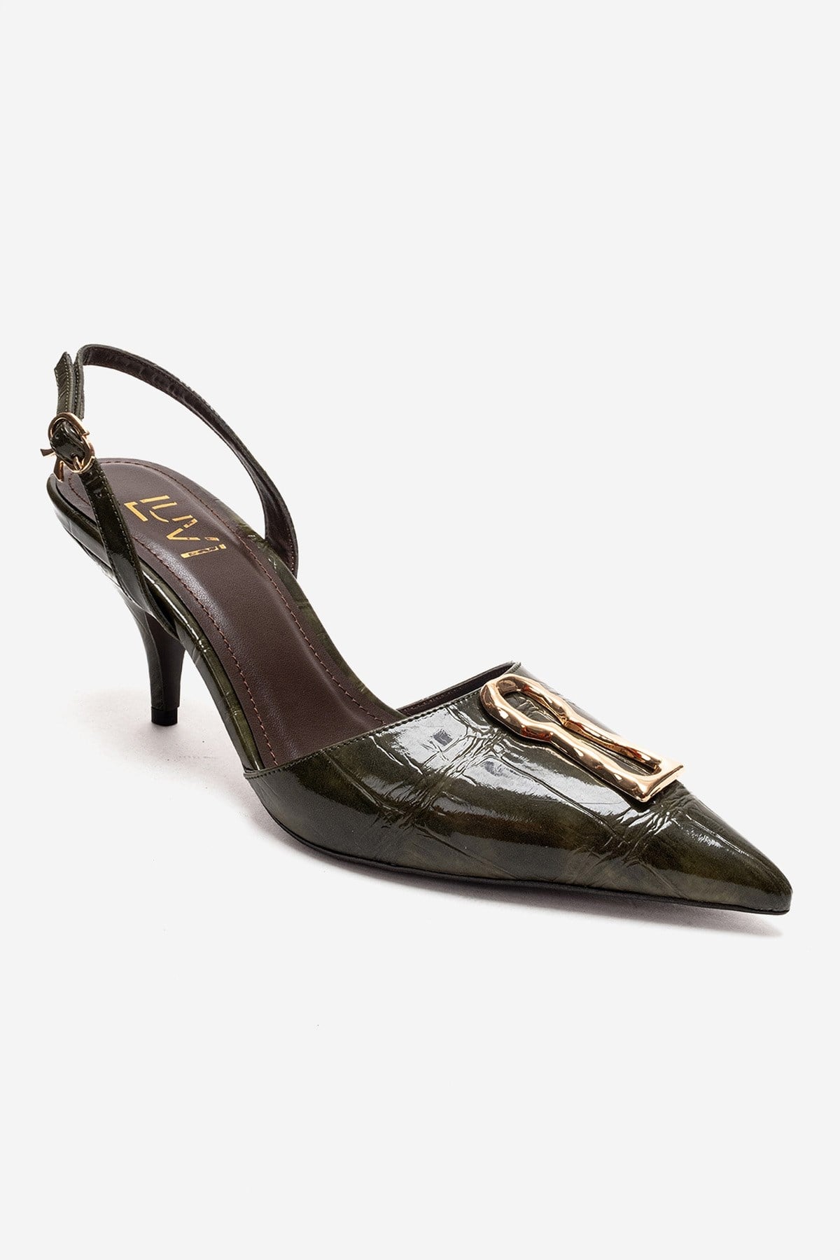 Yvella - Green Patent Buckle Pointed Toe Stiletto Pump – detail view showing leather, green, SimmiUnique