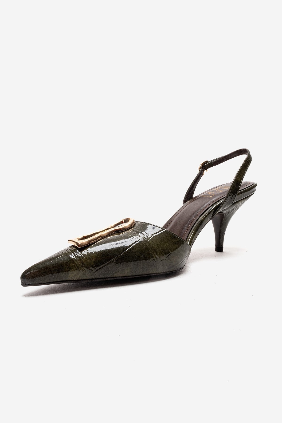 Yvella - Green Patent Buckle Pointed Toe Stiletto Pump – top view showing leather, green, SimmiUnique