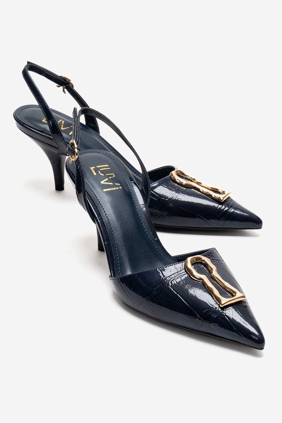 Yvella - Navy Patent Buckle Pointed Toe Stiletto Pump