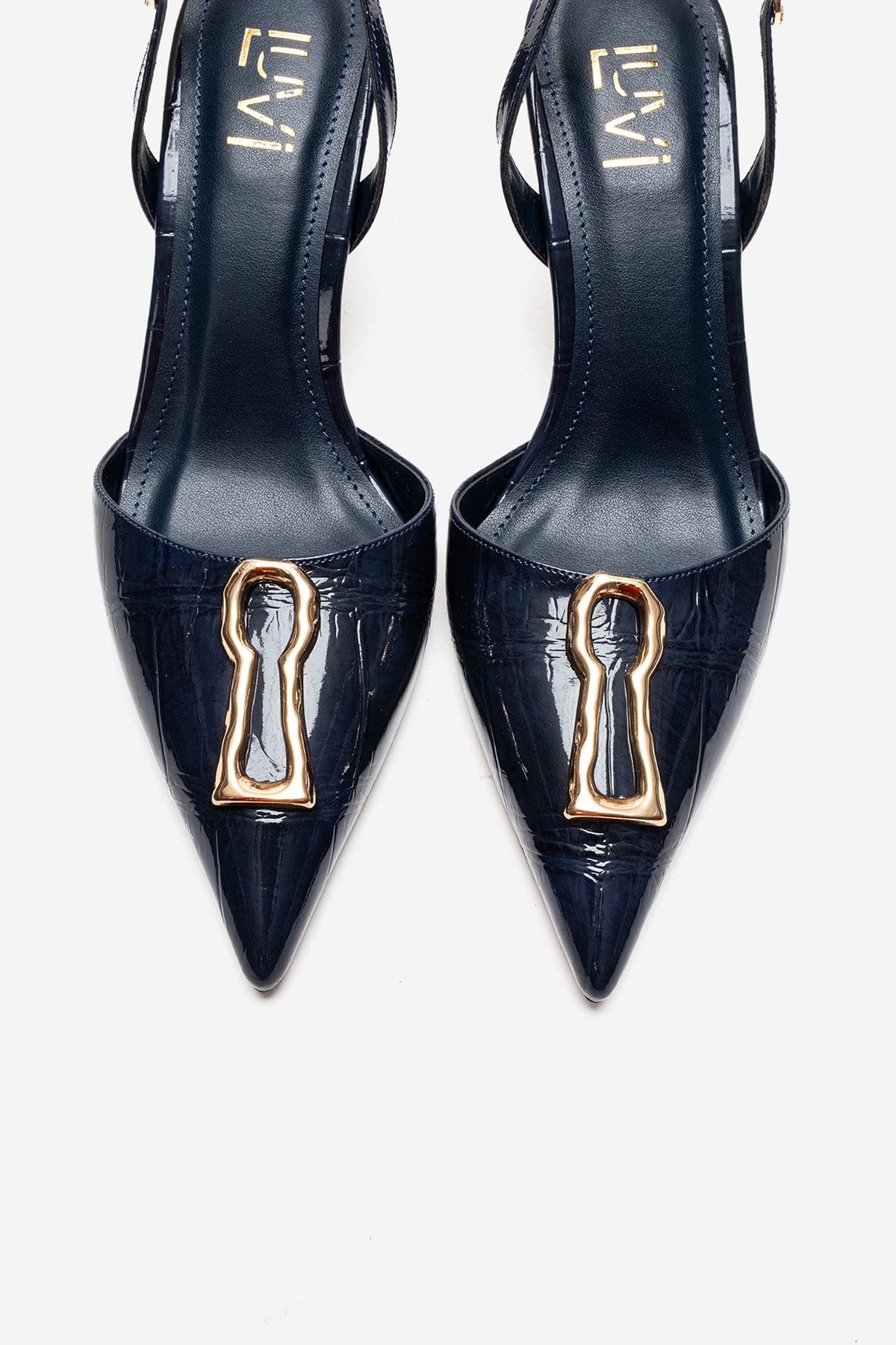 Yvella - Navy Patent Buckle Pointed Toe Stiletto Pump – side view showing leather, SimmiUnique
