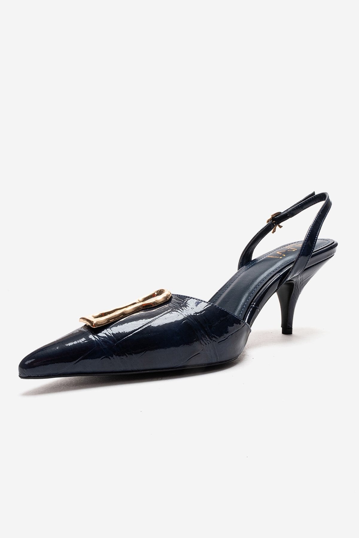 Yvella - Navy Patent Buckle Pointed Toe Stiletto Pump – top view showing leather, SimmiUnique