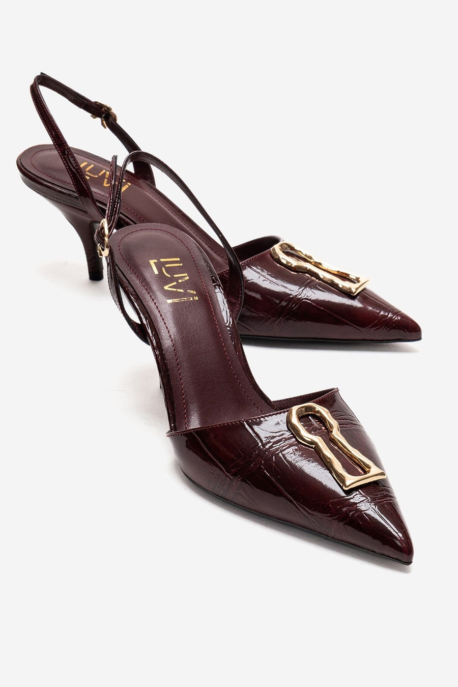 Yvella - Burgundy Patent Buckle Pointed Toe Stiletto Pump