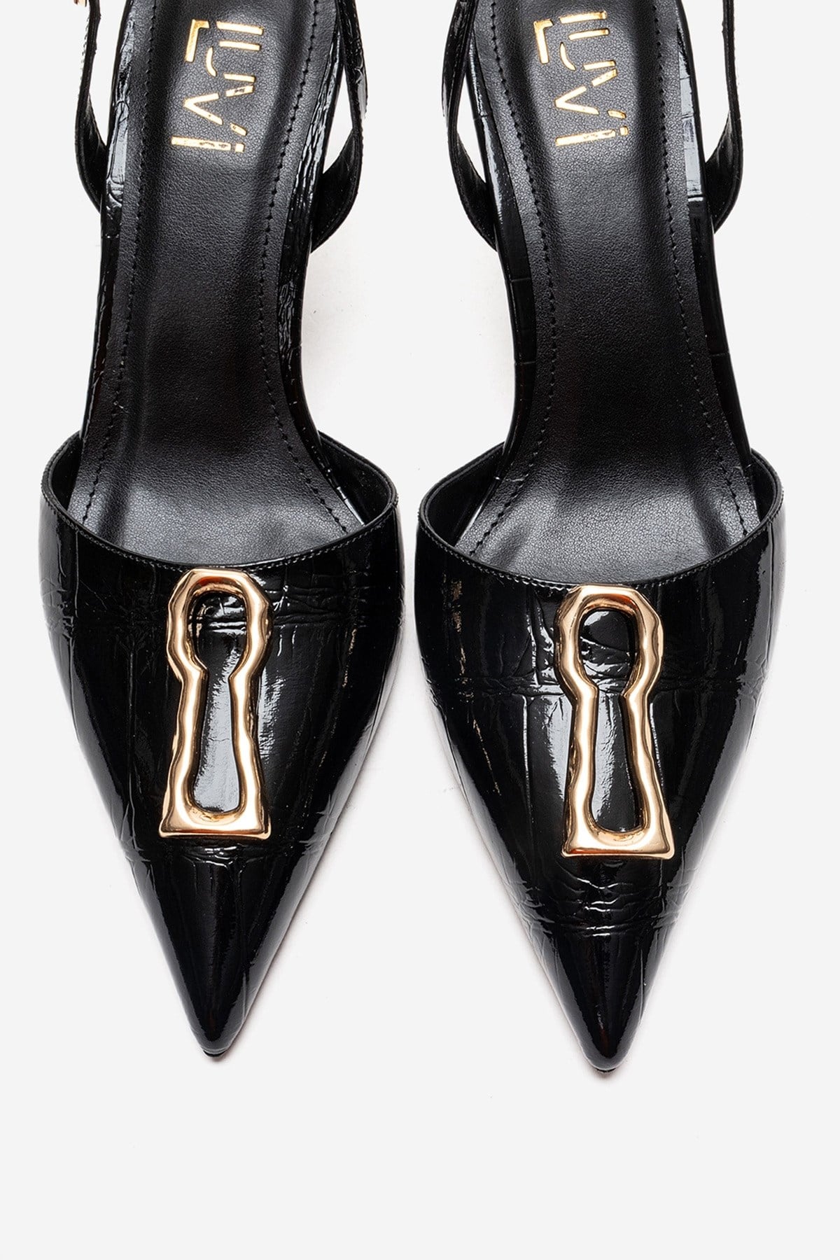 Yvella - Black Patent Buckle Pointed Toe Stiletto Pump – side view showing leather, metallic, black, SimmiUnique