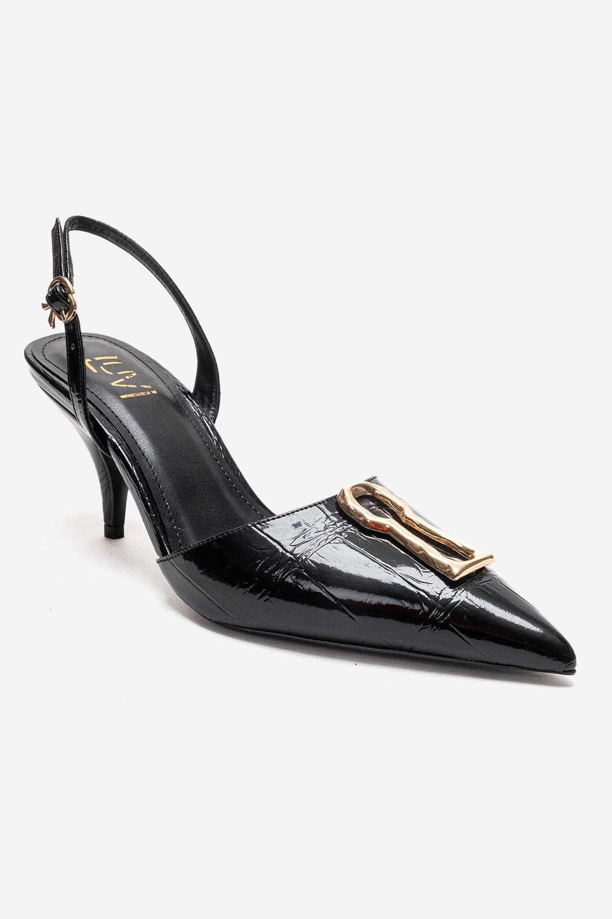 Yvella - Black Patent Buckle Pointed Toe Stiletto Pump – detail view showing leather, metallic, black, SimmiUnique