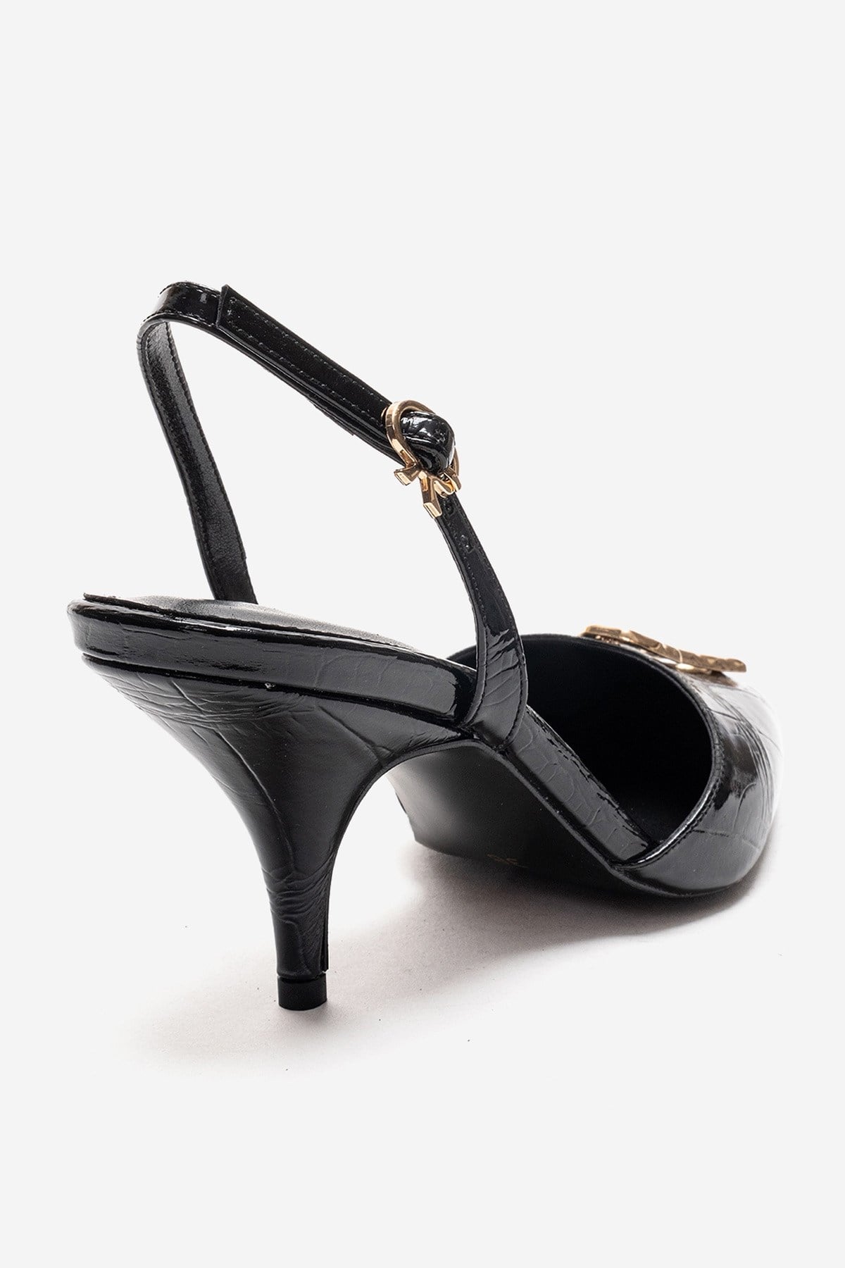 Yvella - Black Patent Buckle Pointed Toe Stiletto Pump – back view showing leather, metallic, black, SimmiUnique