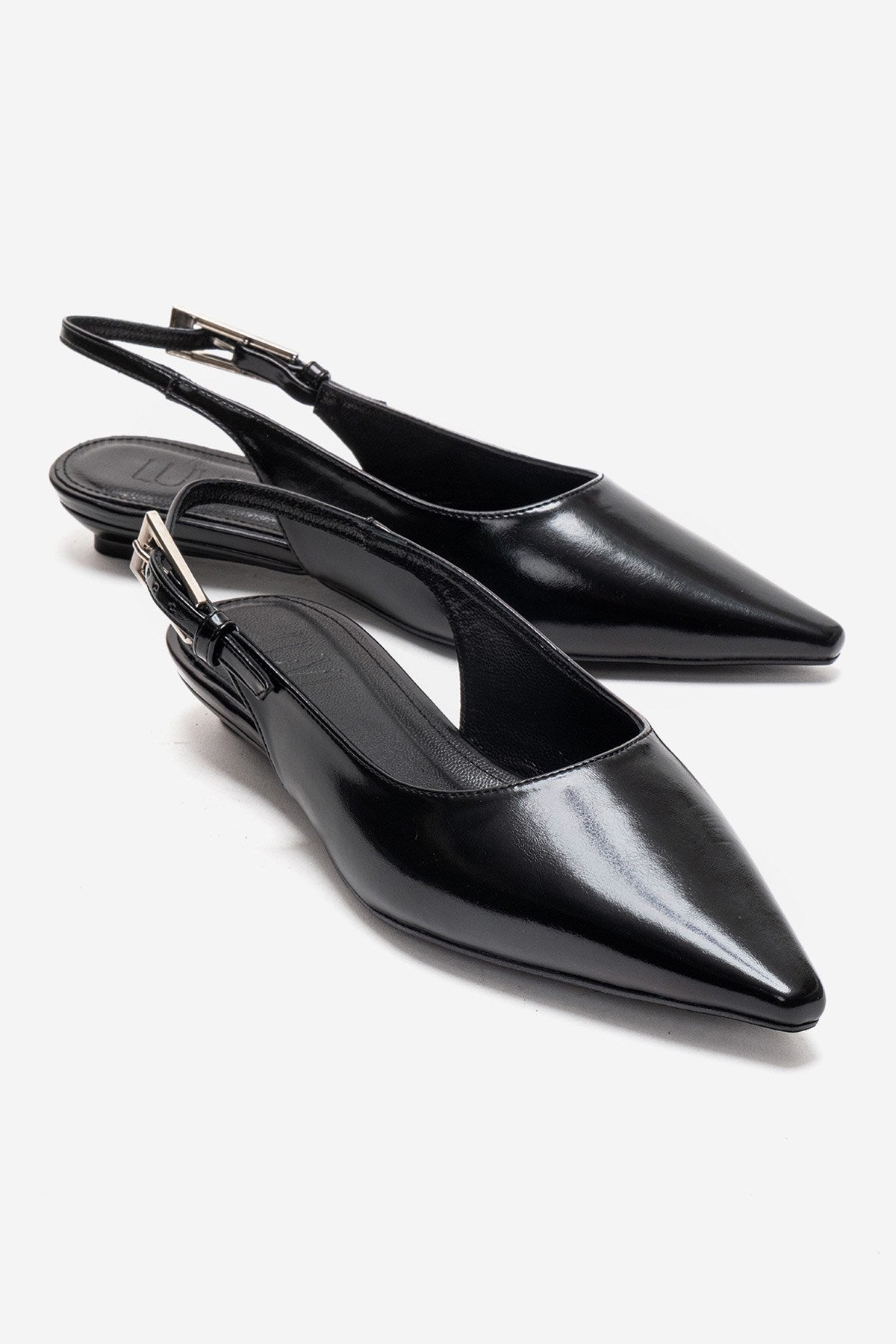 JENNA - Black Genuine Leather Pointed Toe Low Block Heel Shoe – front three-quarter view showing leather, black, SimmiUnique