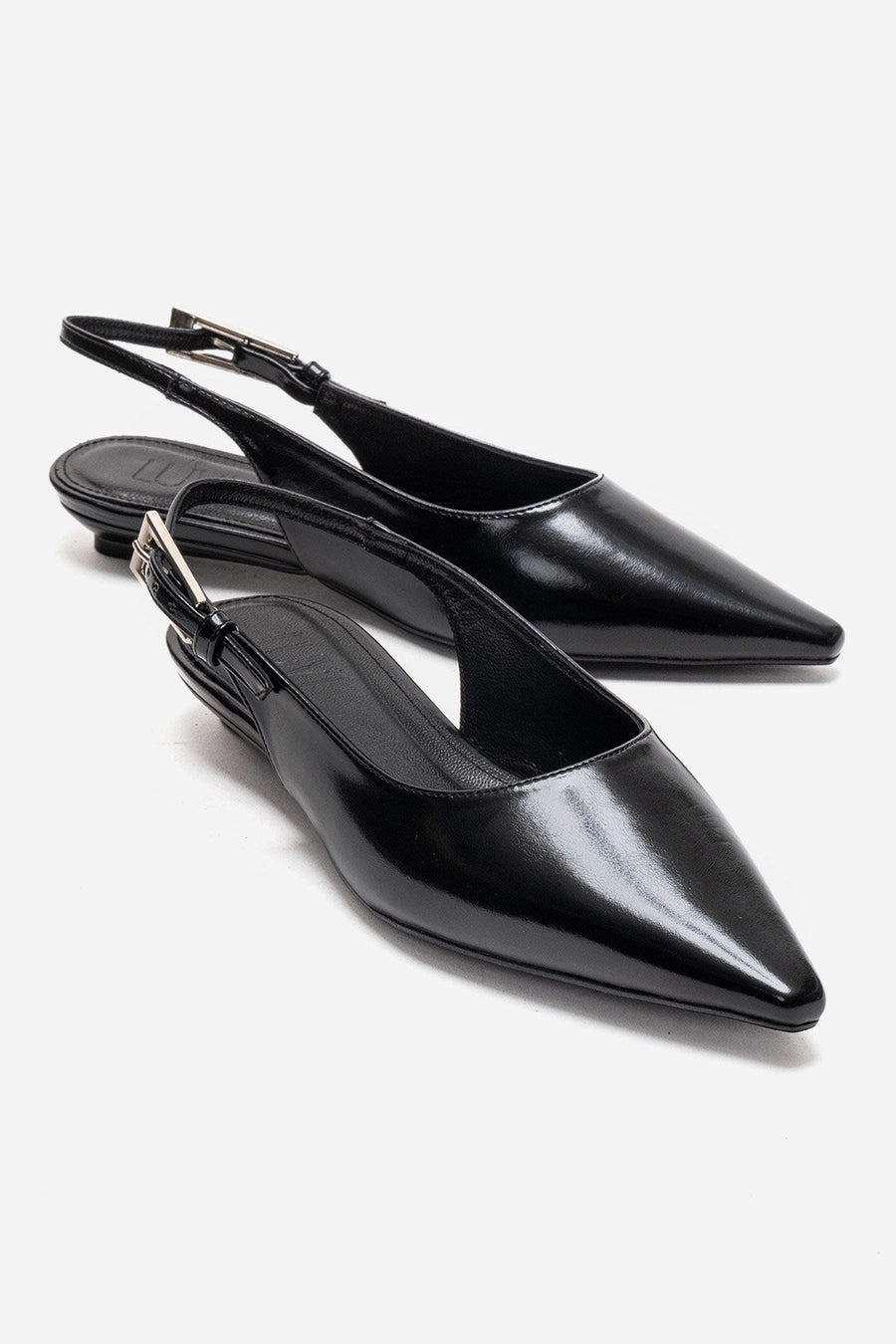 JENNA - Black Genuine Leather Pointed Toe Low Block Heel Shoe
