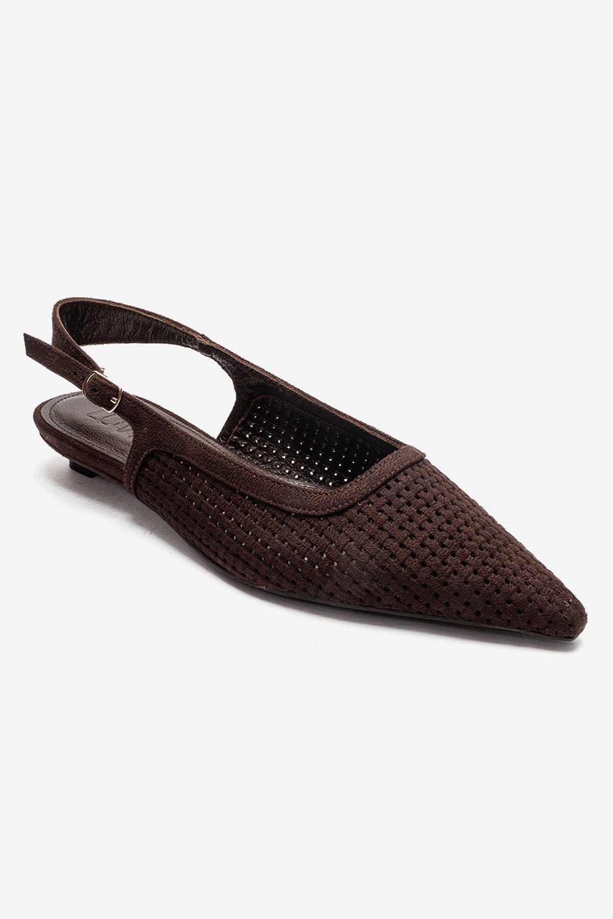 AVIVA - Brown Genuine Leather Pointed Toe Low Block Heel Pump – detail view showing leather, suede, SimmiUnique