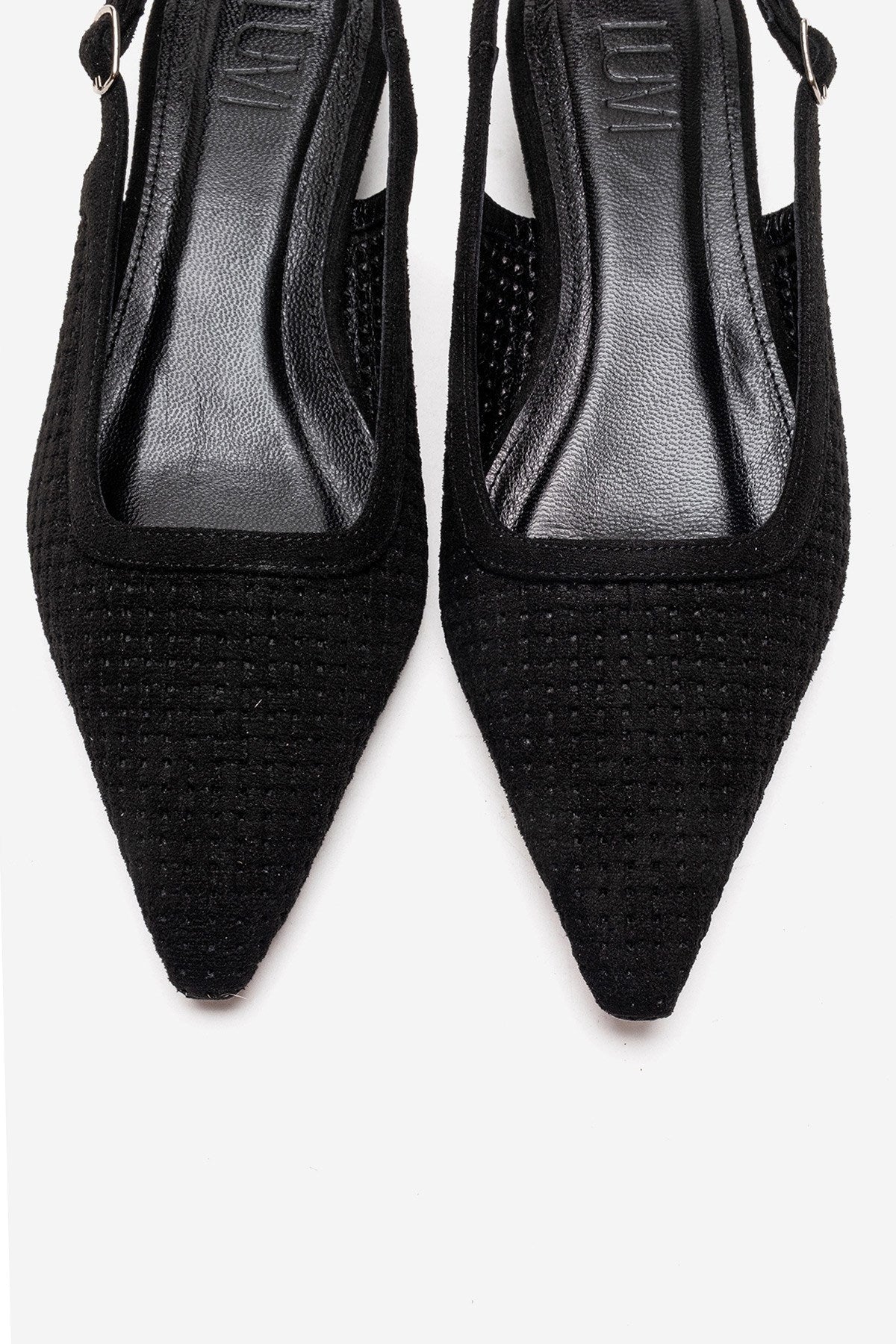 AVIVA - Black Genuine Leather Pointed Toe Low Block Heel Pump – side view showing leather, suede, black, SimmiUnique