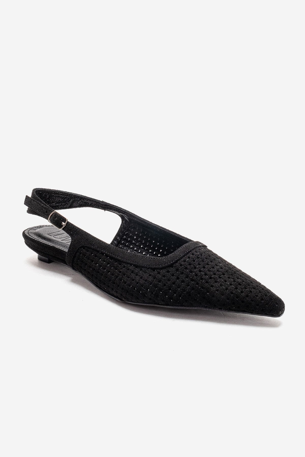 AVIVA - Black Genuine Leather Pointed Toe Low Block Heel Pump – detail view showing leather, suede, black, SimmiUnique