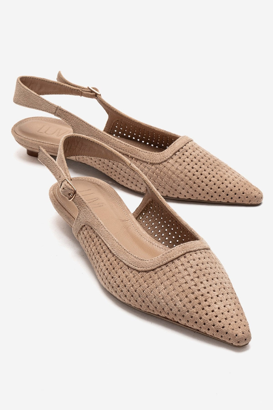 AVIVA - Beige Genuine Leather Pointed Toe Low Block Heel Pump