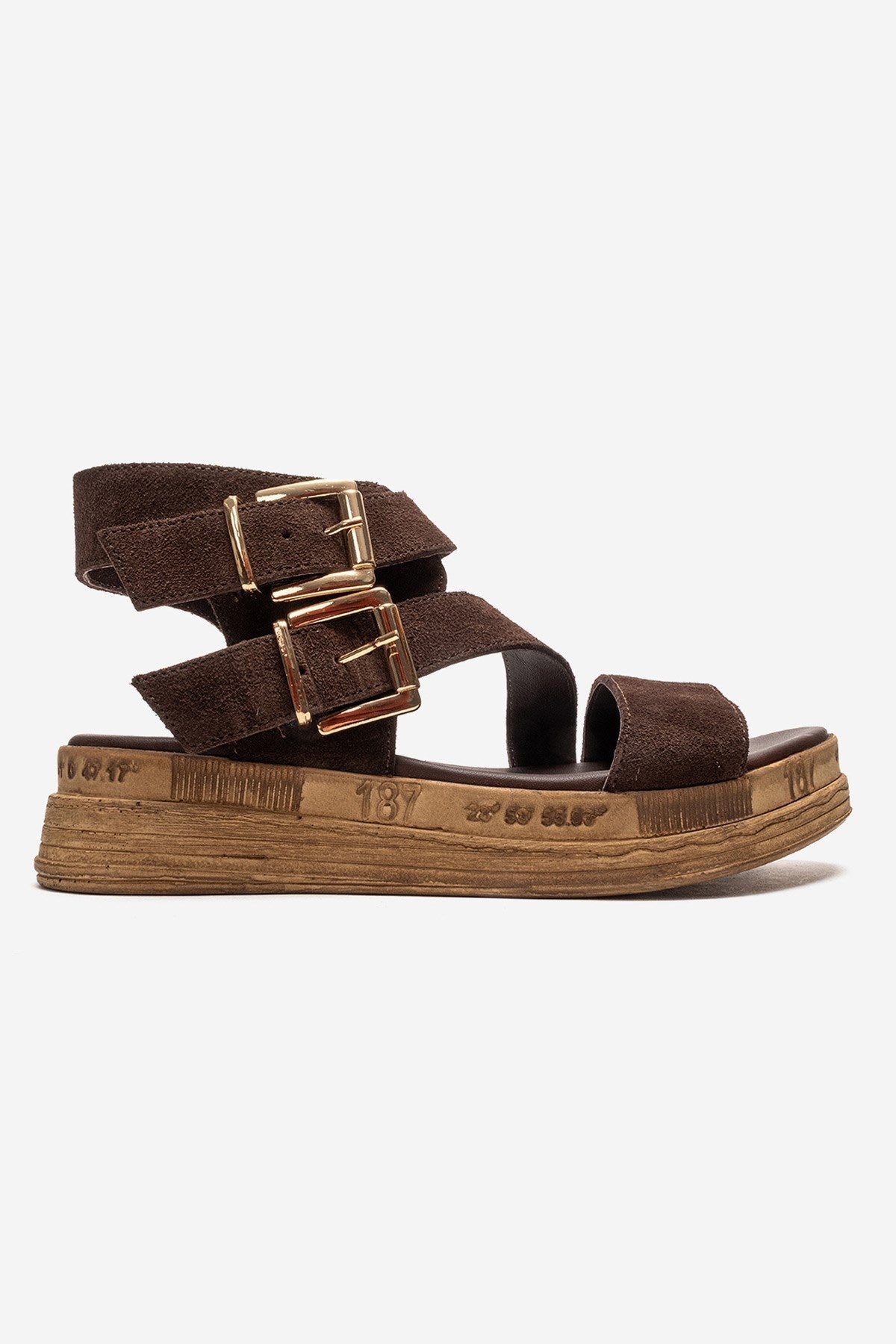 LORENTIS - Brown Genuine Leather Double Buckle Sandal – heel view showing leather, suede, SimmiUnique
