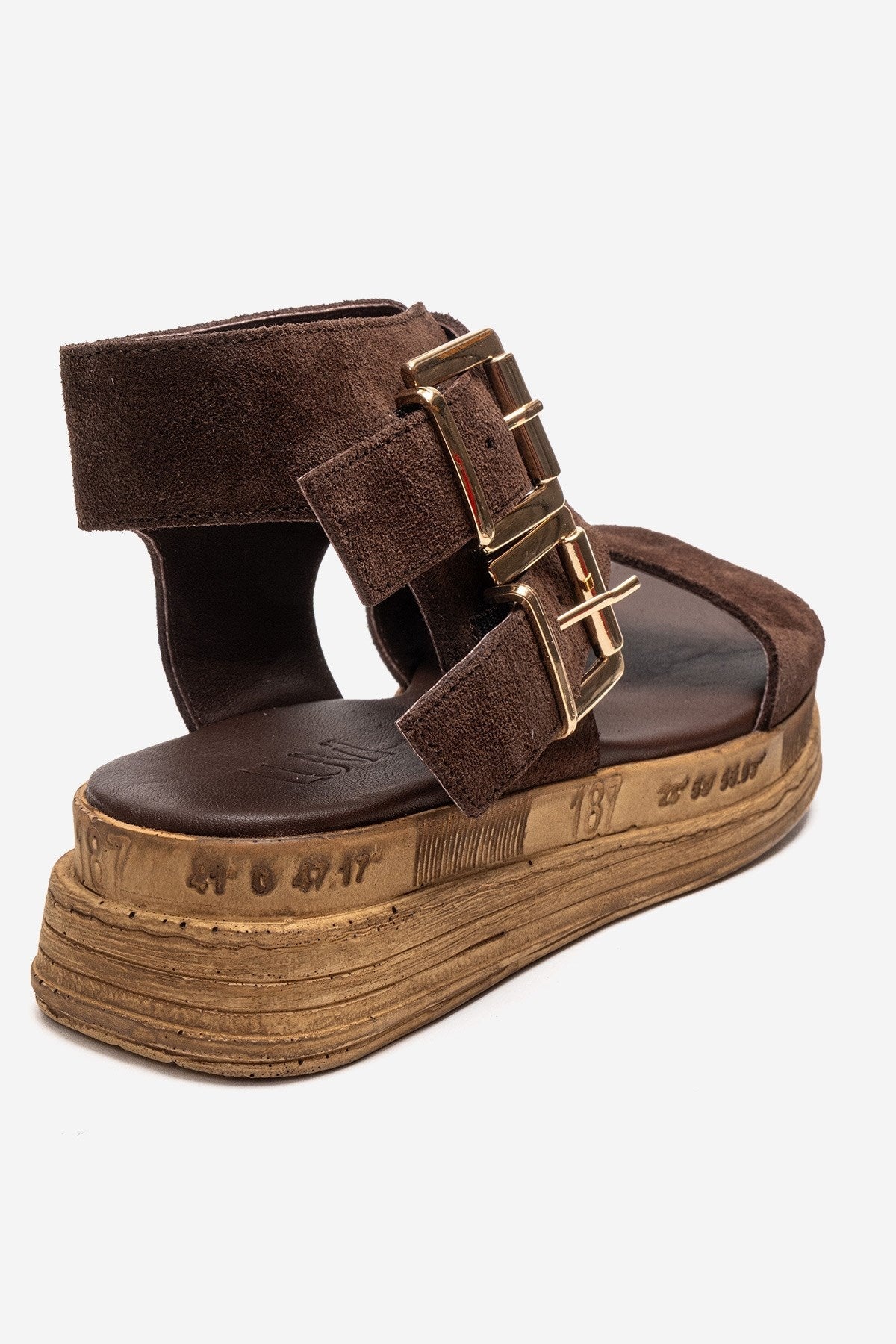 LORENTIS - Brown Genuine Leather Double Buckle Sandal – back view showing leather, suede, SimmiUnique