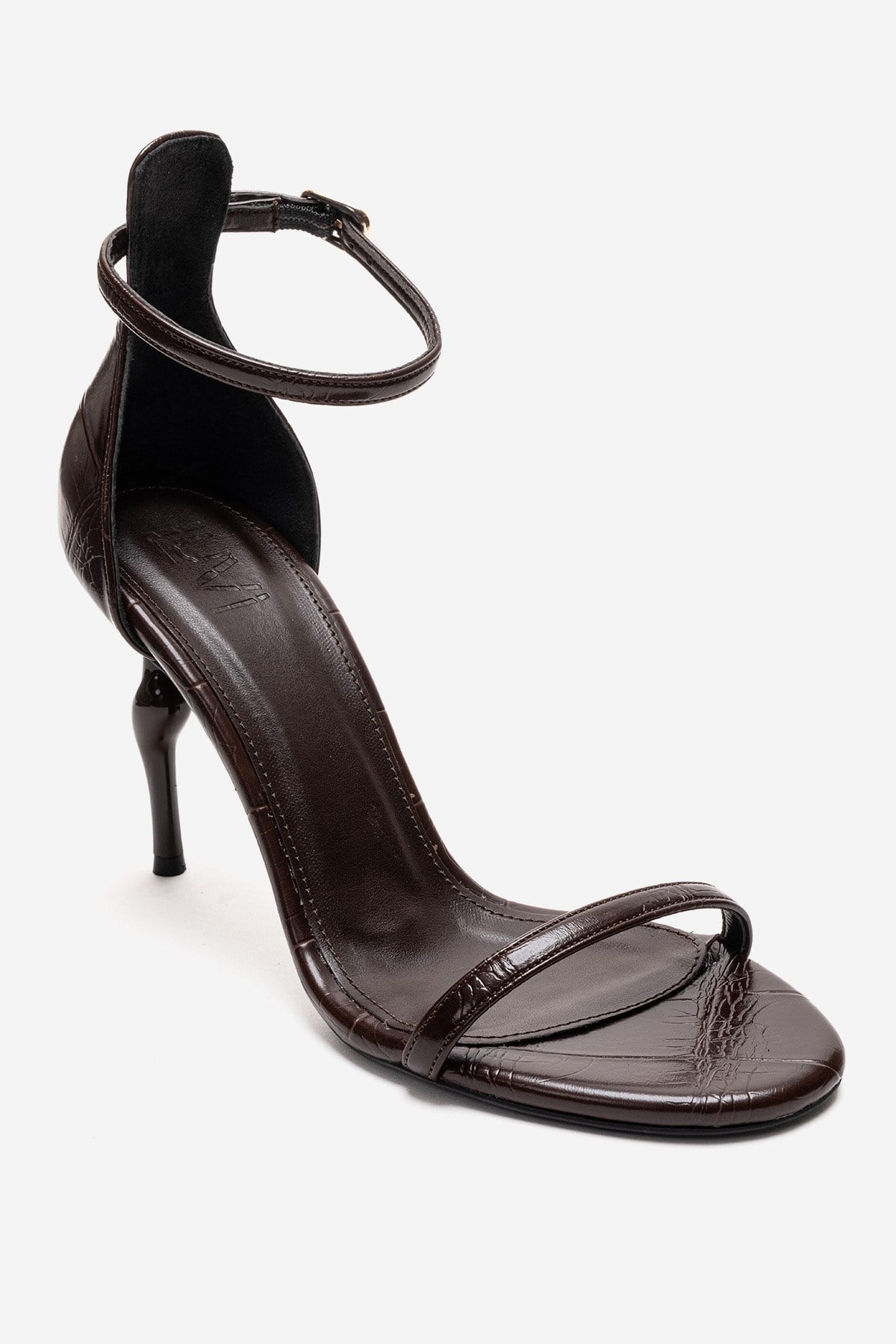 Yelena - Brown Printed Thin-Strap Stiletto Pump – detail view showing leather, SimmiUnique